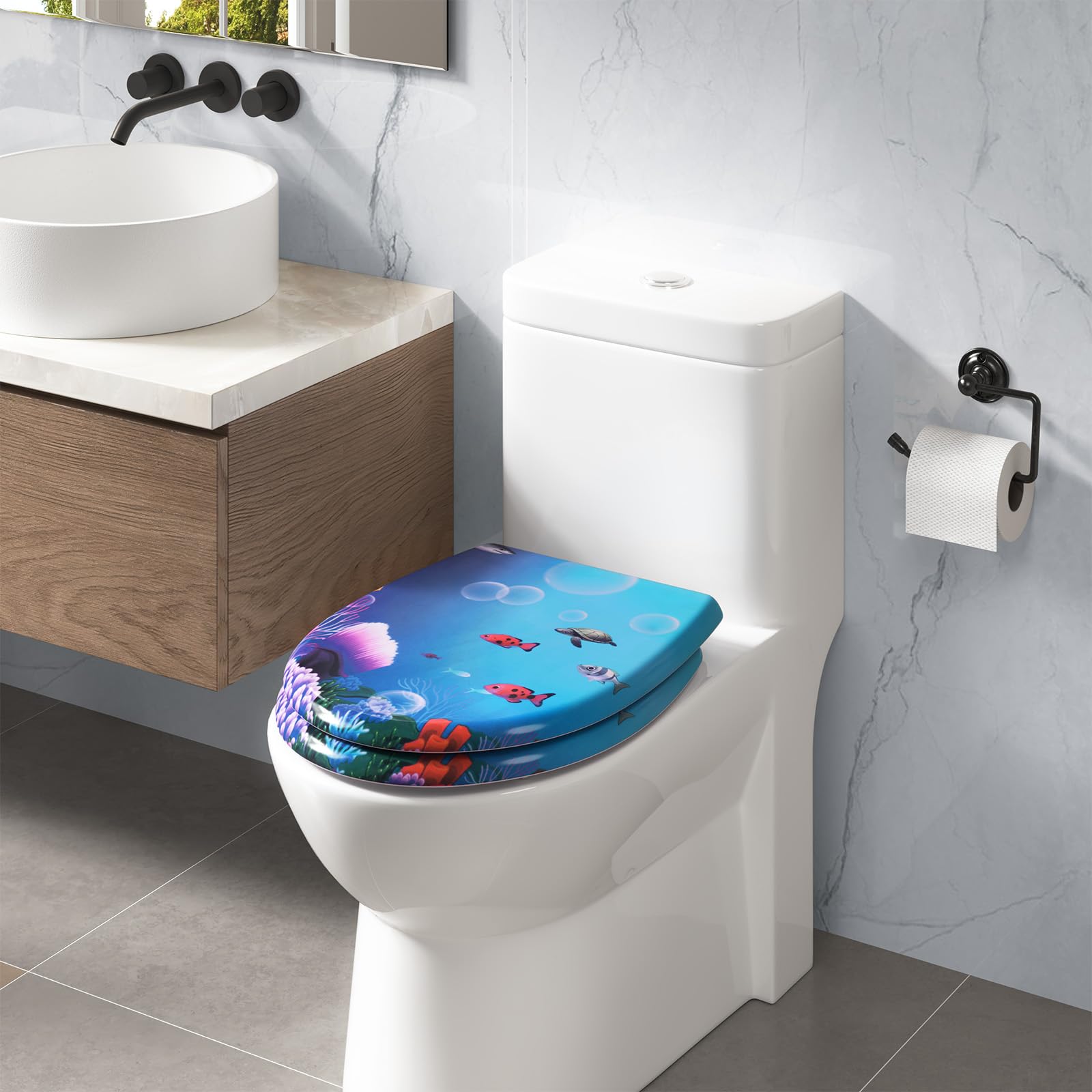 WOLTU Sedile WC con abbassamento automatico, motivo sedile WC con funzione Quick Release e, coperchio WC di alta qualità, in termoindurente, pesce