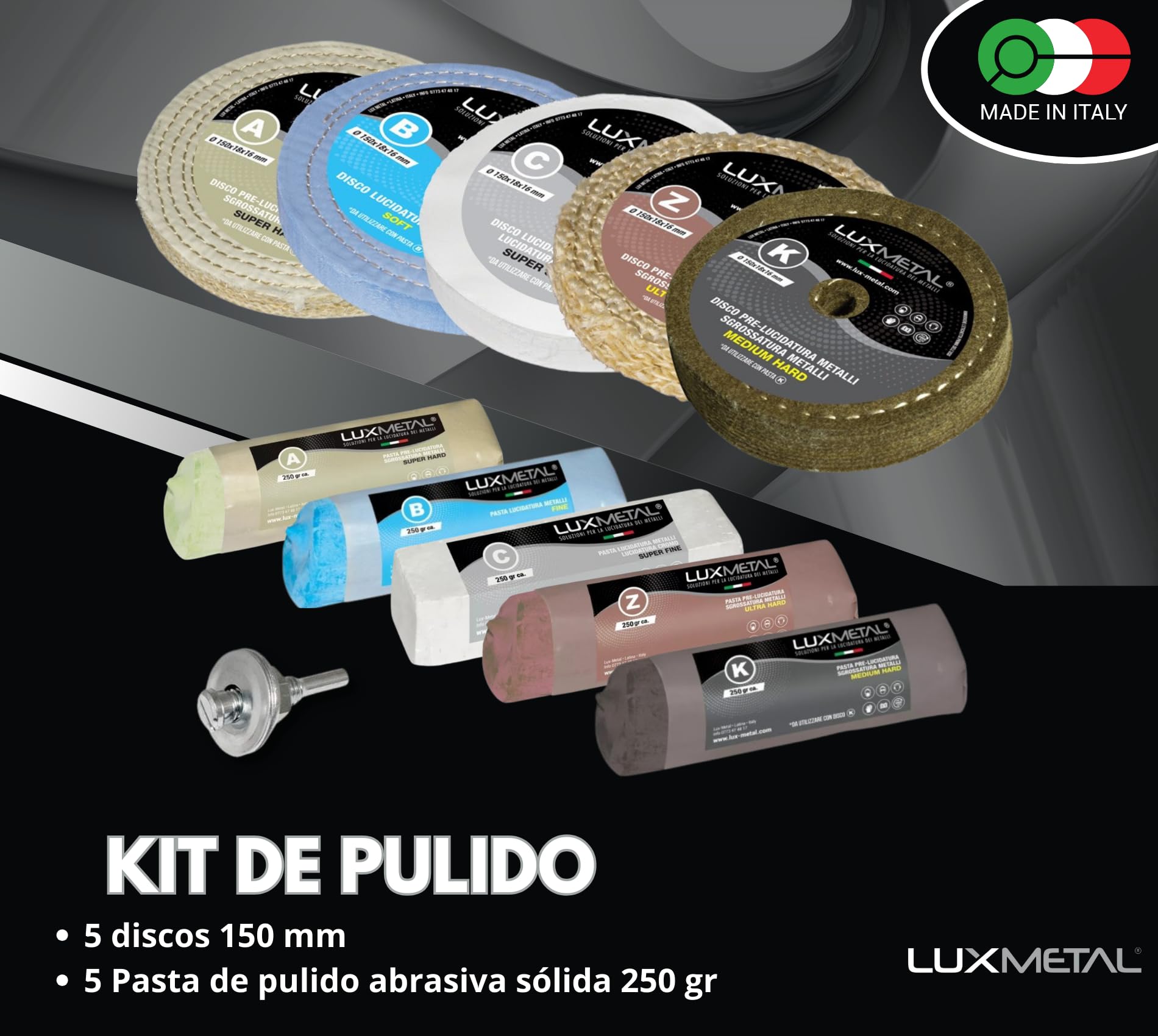 Lux Metal - Kit 5 Discos Pulidores 150 mm 5 Pastas Abrasivas Pulidoras 250 gr Para Aluminio Hierro Acero Inoxidable Bronce Mármol Rueda de Pulido para Metales Taladro Muela Amoladora Fieltro Algodón