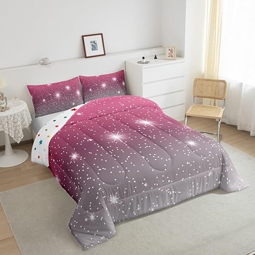 Miniatura 10 de Erosebridal Juego de edredón de arco iris para niñas, juego de ropa de cama de teñido anudado con purpurina degradado para niños, adolescentes y