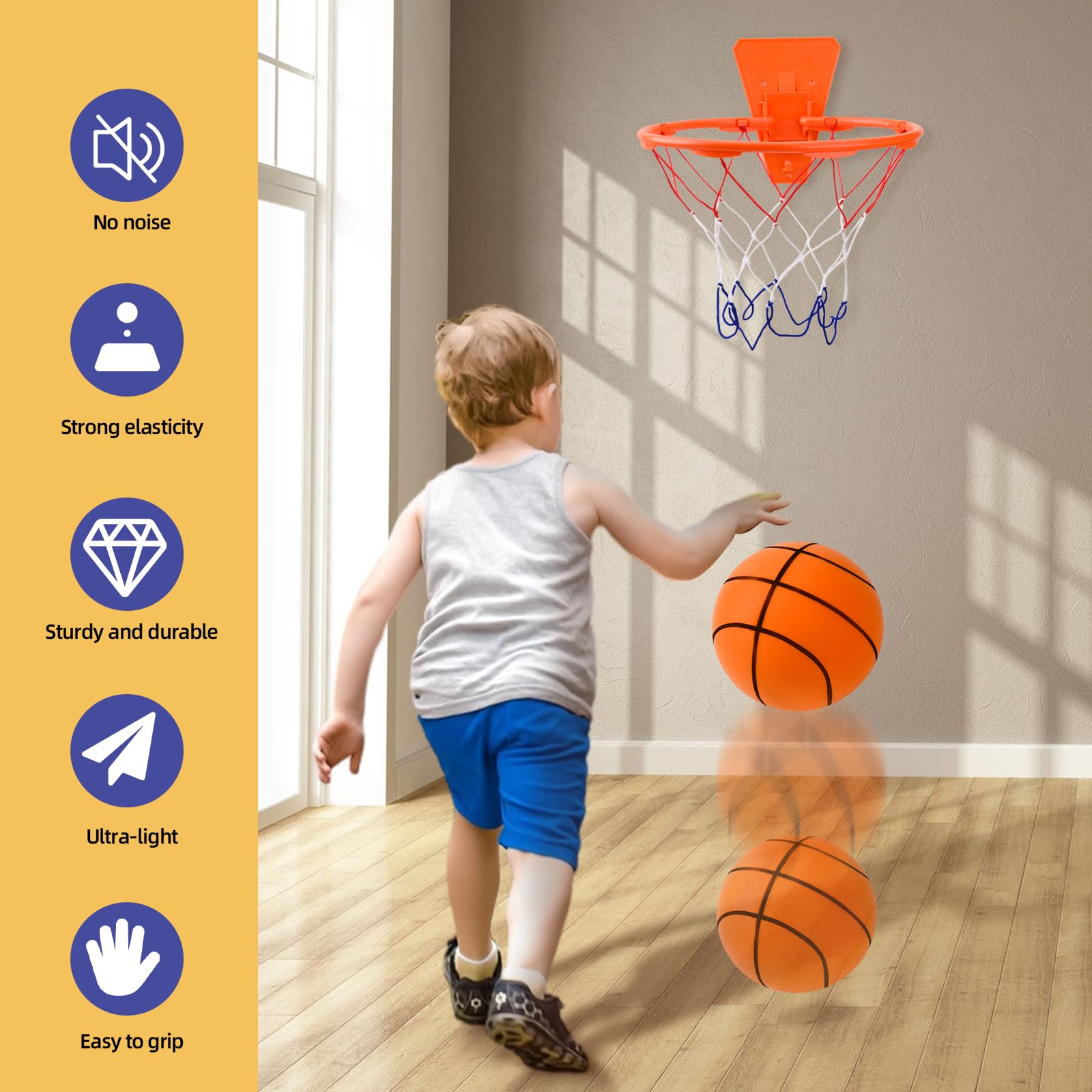 Ballon de Basket Enfant, Ballon de Basket Silencieux Taille 3, 18cm Ballon Basket Mousse, Basketball d'intérieur Silencieux, Silent Ball Basketball avec Panier, pour Enfants 3 4 5 6 Ans