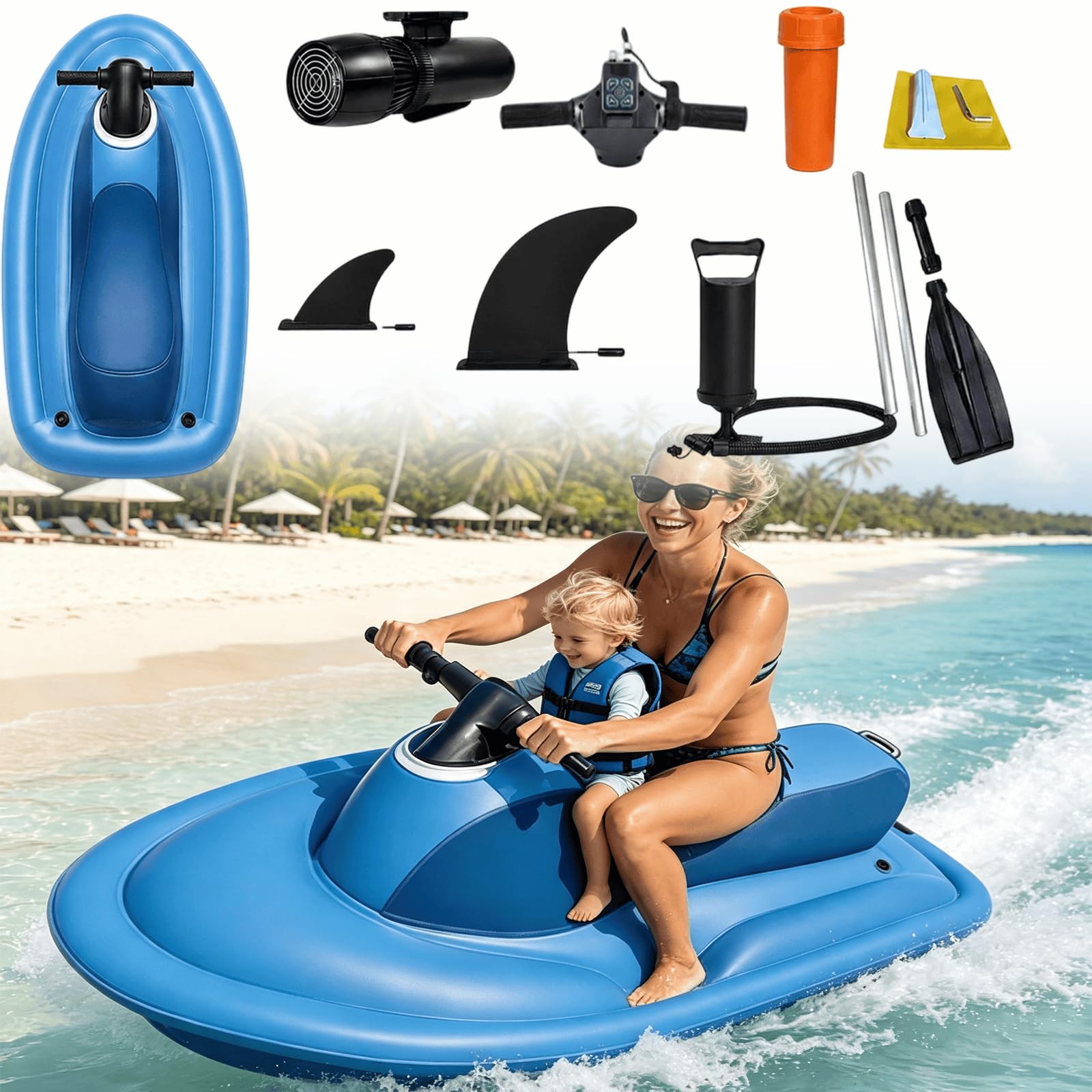 Moto de Agua Hinchable con Motor, Patinete acuático 2 en 1 de 3 a 9 km/h