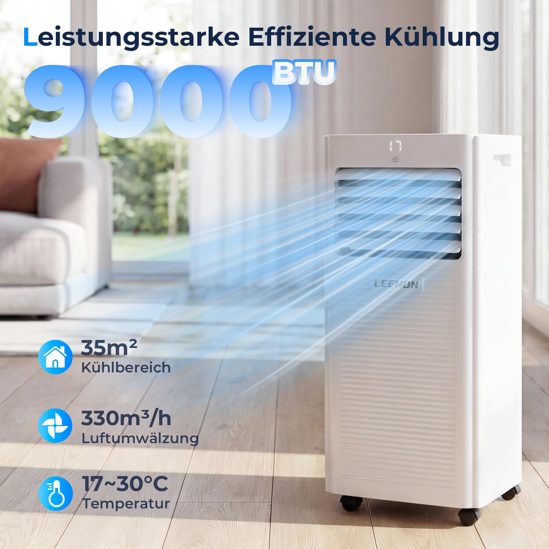 LEENON Klimaanlage Mobil 9000 BTU, Klimagerät mit Abluftschlauch, 4 in 1 Mobil Klimaanlage Entfeuchten mit Abluftschlauch/Fensterkit, Fernbedienung/Timer, Digitales Display, Für Räume bis 35 m²
