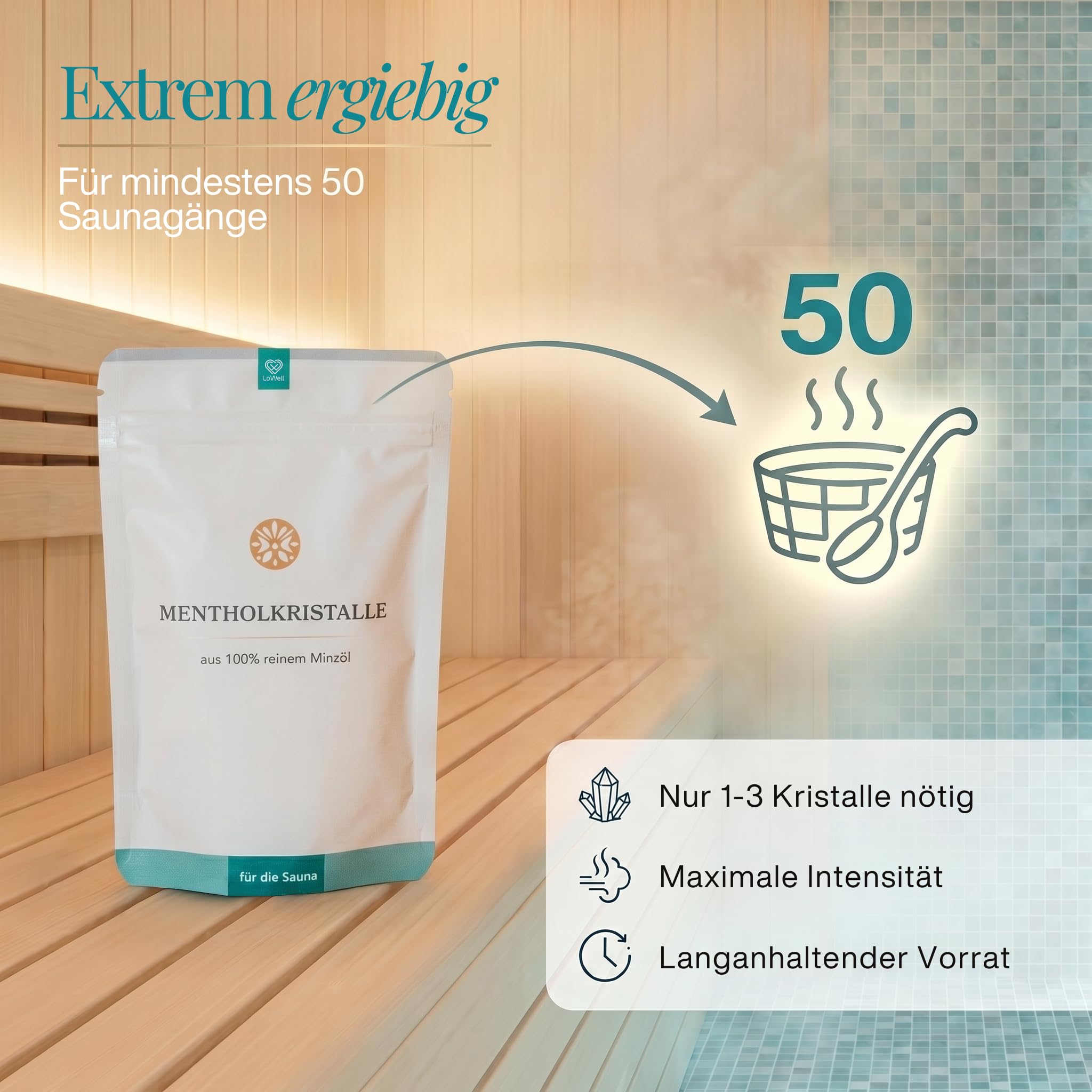 LoWell® 100g Cristales de mentol 100% menta pura - Ideal como infusión para sauna - Bolsas recerrables - Mentol