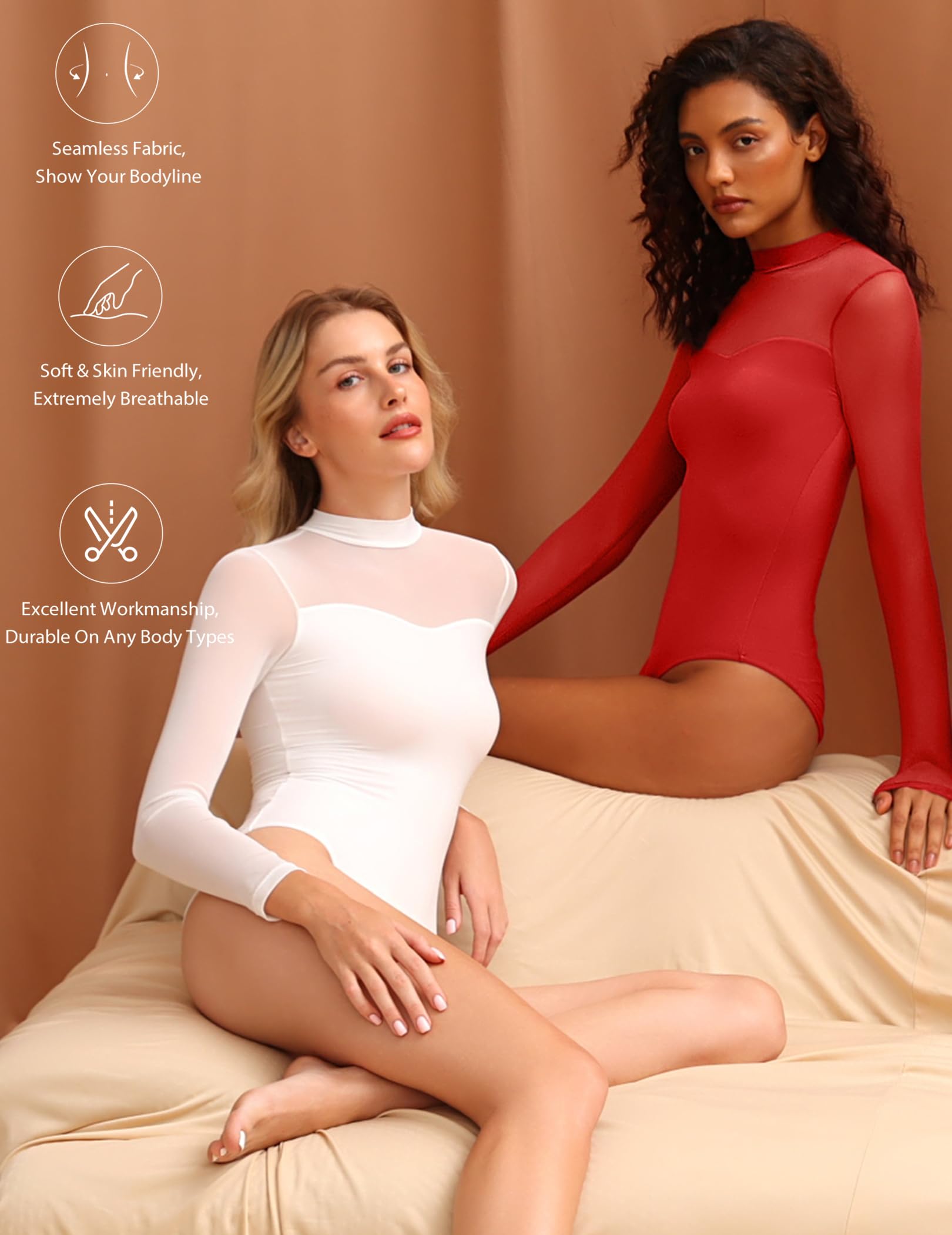 Avidlove Body de manga larga para mujer, cuello alto falso, manga de malla transparente, leotardo de doble forro, camiseta para salir
