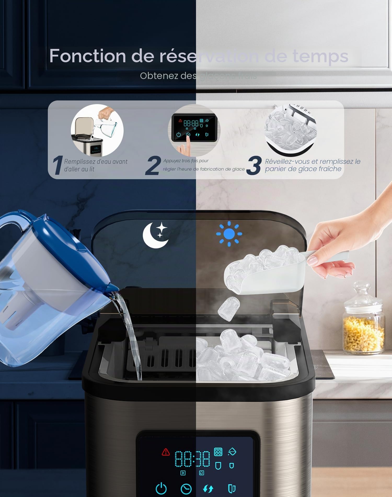 Machine a glacons Acier inoxydable machine a glace machine a glacon avec écran LED et fonction de nettoyage 2 tailles de glaçons 2 litres pour la cuisine le bureau le bar et les fêtes