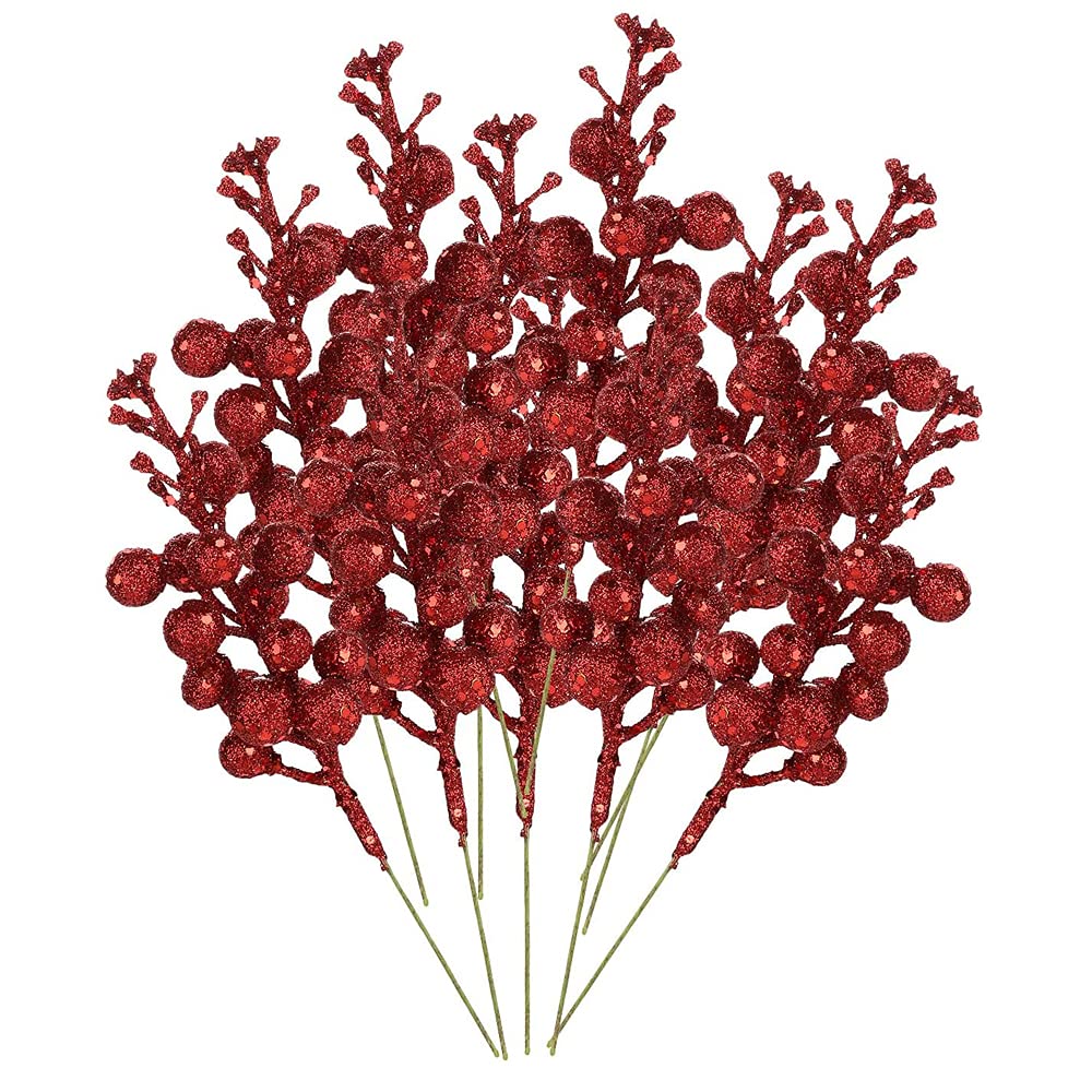 24 Pack Artificial Red Berry Stems, 7.9 Inch Burgundy Red Berry Picks Bead Sticks, Glittery Twigs Holly Berries Branches for Christmas Tree Decorations Crafts Wedding Holiday Winter Décor Home Decor