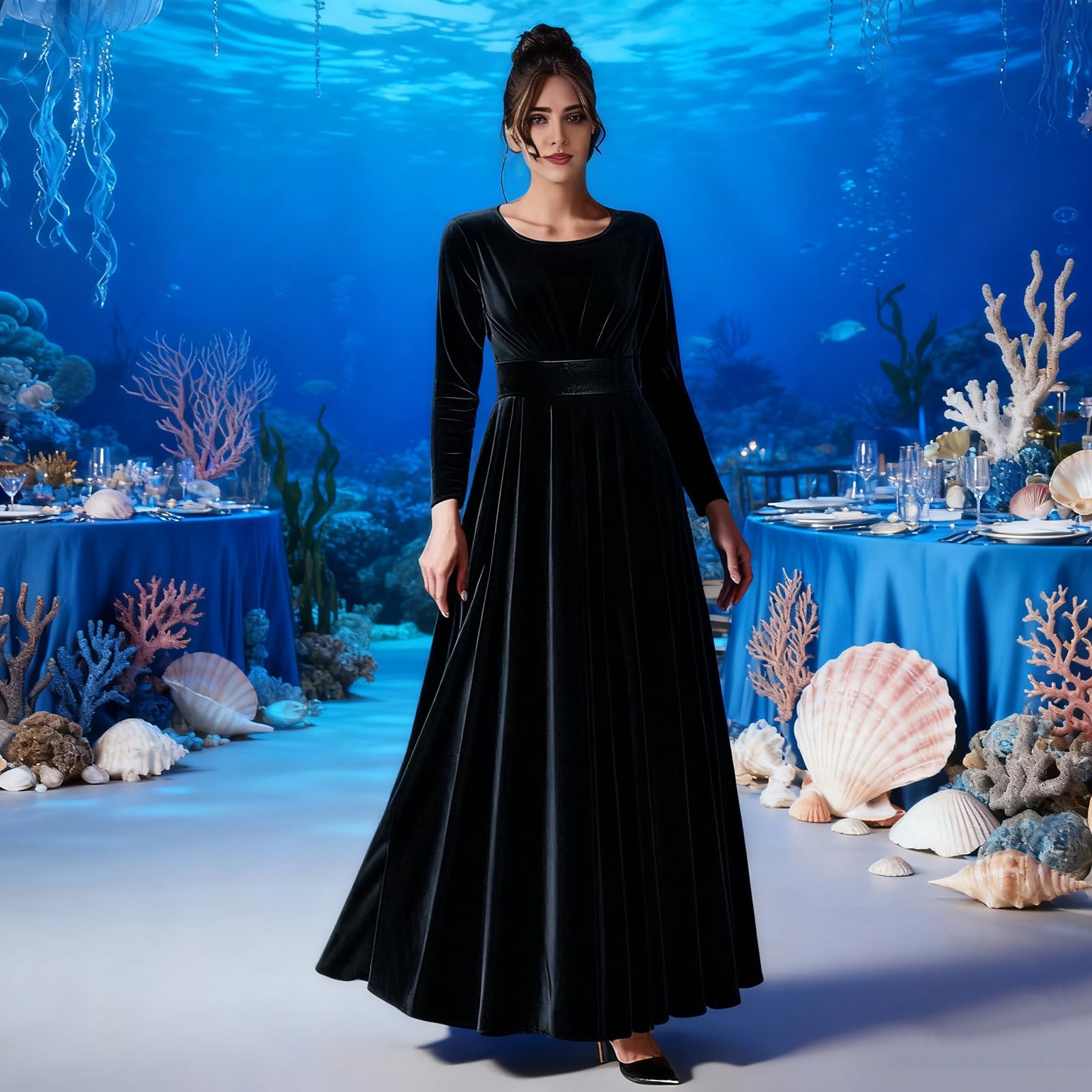 Damen Samt Maxikleid Casual Rundhals Langarm A-Linie Swing Kleid Elegant Herbst Formale Kleidung Groß für Cocktail Party Formelle Veranstaltungen