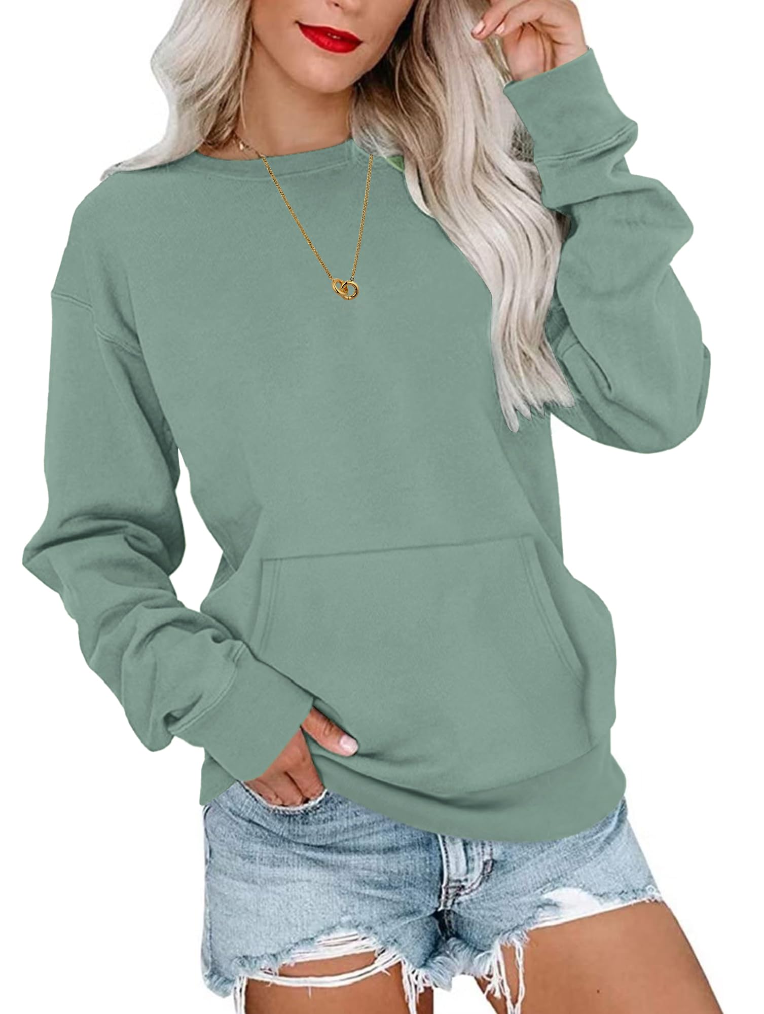 WNEEDU Damen Langarmshirts Lässige Sweatshirts mit Taschen