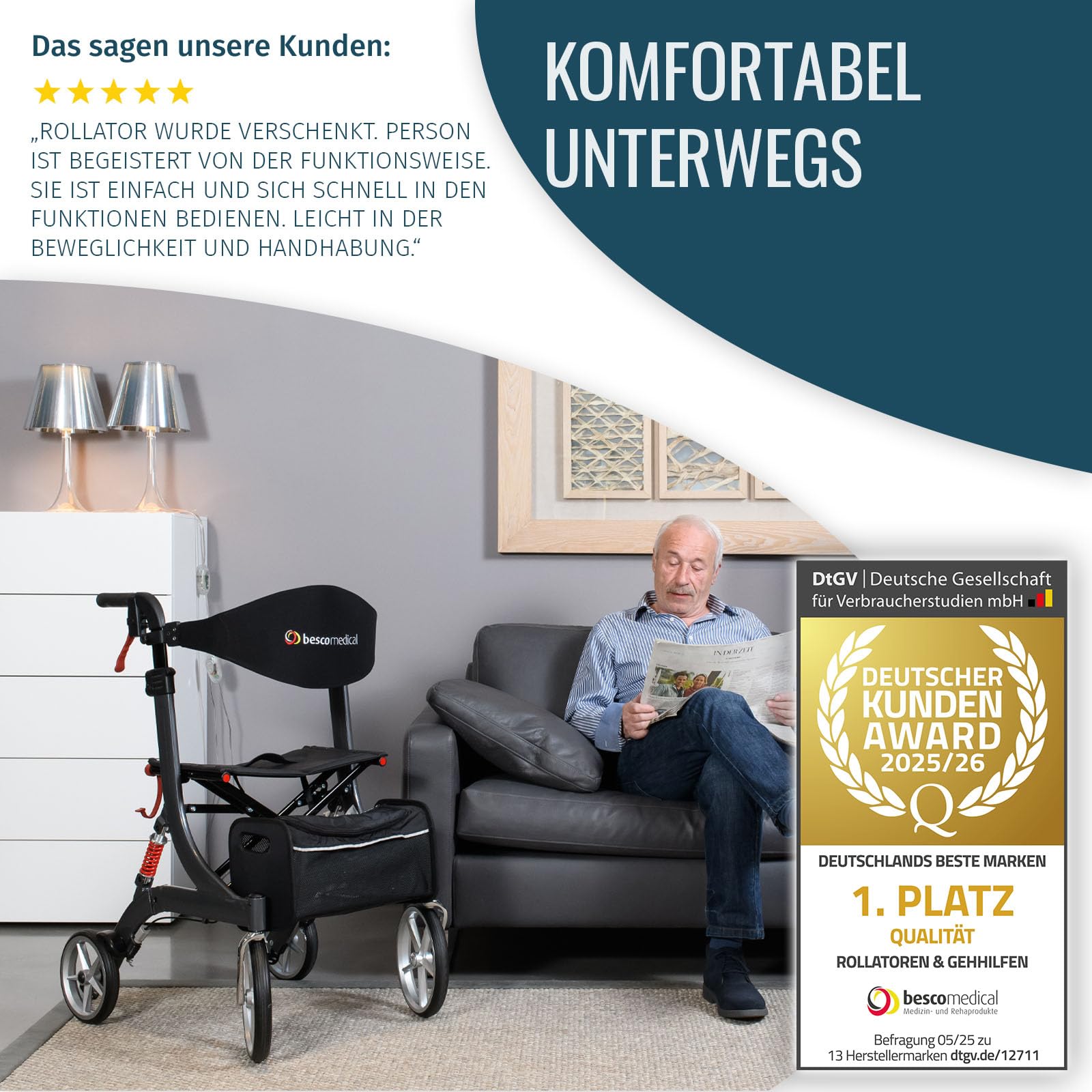 Leichtgewicht-Rollator SPRING - Komfort-Federung - Modell S Bordeauxrot | höhenverstellbar & faltbar - Gehhilfe inkl. Netztasche & breitem Rückengurt - bequeme Sitzfläche - zusammenklappbar
