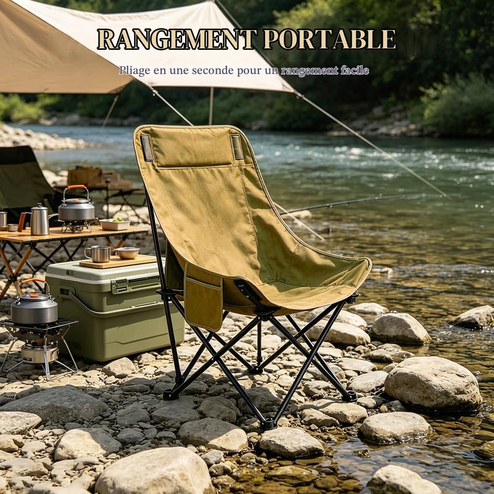 Chaise de camping pliable à dossier haut - 150 kg - Légère avec poches latérales - Dossier portable - Chaise de camping - Chaise de pêche - Chaise de plage - Pour extérieur, randonnée, jardin