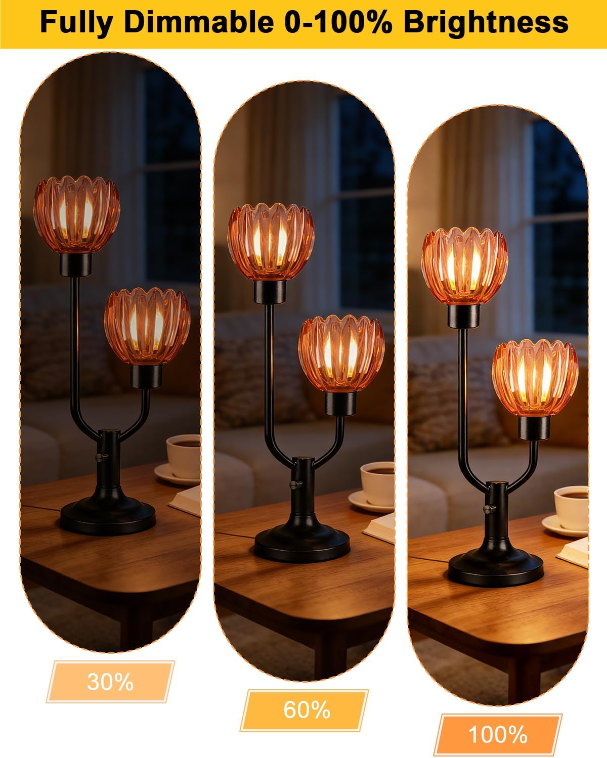Lightdot Mid Century Modern Flower Table Lamp for Living Room Dimmable Nightstand Lamp Red Glass Vintage Black Desk Lamp 2 Bulbs Included Warmwhite Ambient Bedside Lamps for Bedroom Home Office Decor