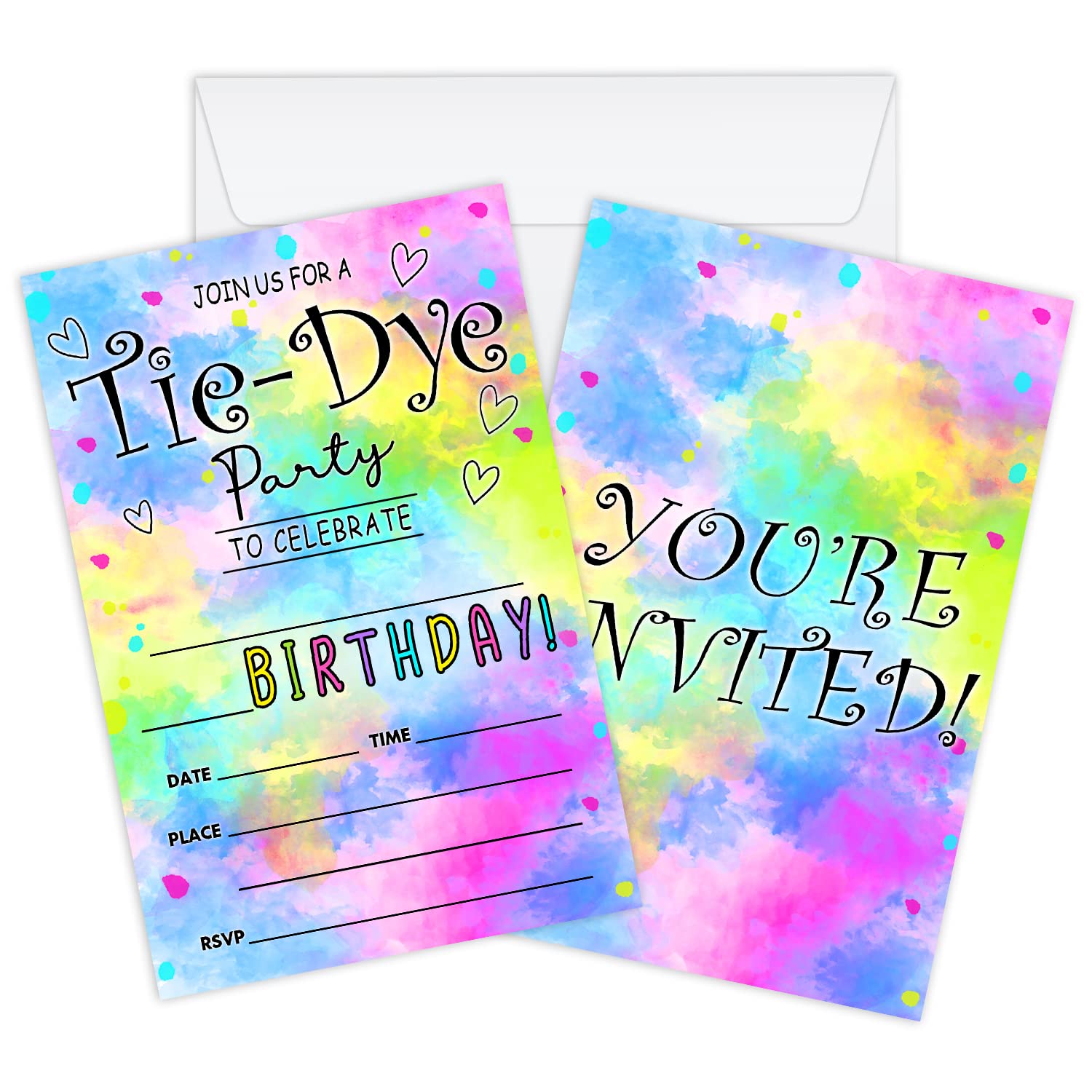 AXAMDAM Tie Dye Birthday Invitation Cards, Art Themed Party Invitations for Kids, girls, 20 Cards With 20 Envelopes Party Favors & Celebration Supplies-A056