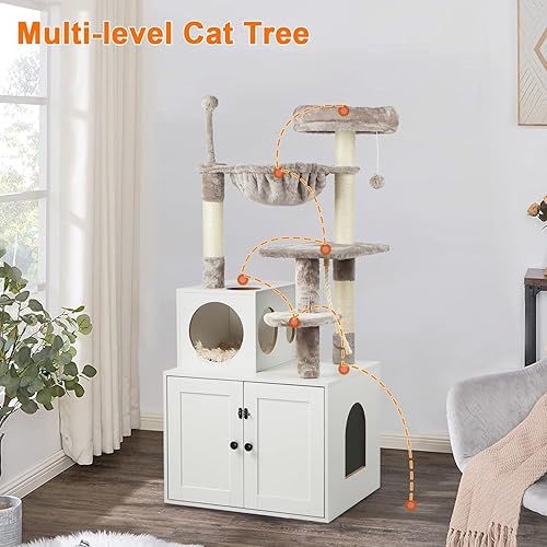 Miniatura 21 de Árbol para gatos con caja de arena, torre para gatos 2 en 1 para gatos de interior, condominio grande de madera para gatos con canasta, postes