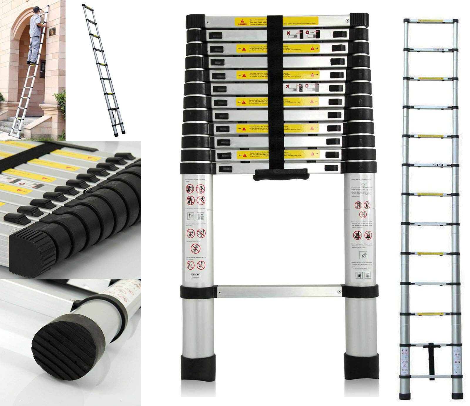 3.8Meter 12.5ft Telescopic Stainless Steel DIY Extendable Ladder, EN131, Max Capacity 150kg