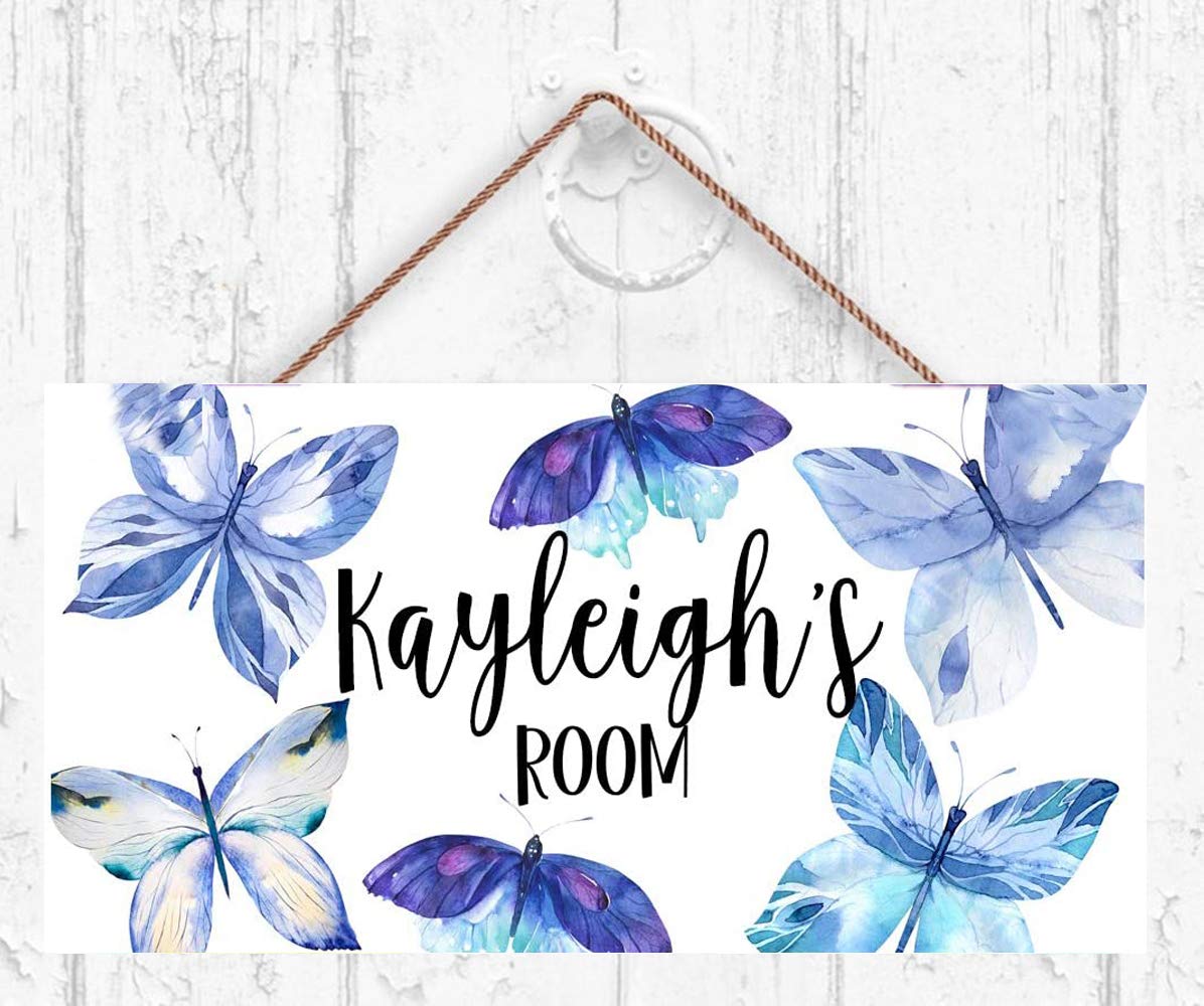 Personalized Name's Wood Plaque Sign Blue Butterfly Door Sign Flowers Bedroom Nursery Wall Art Decor Customizable Gift