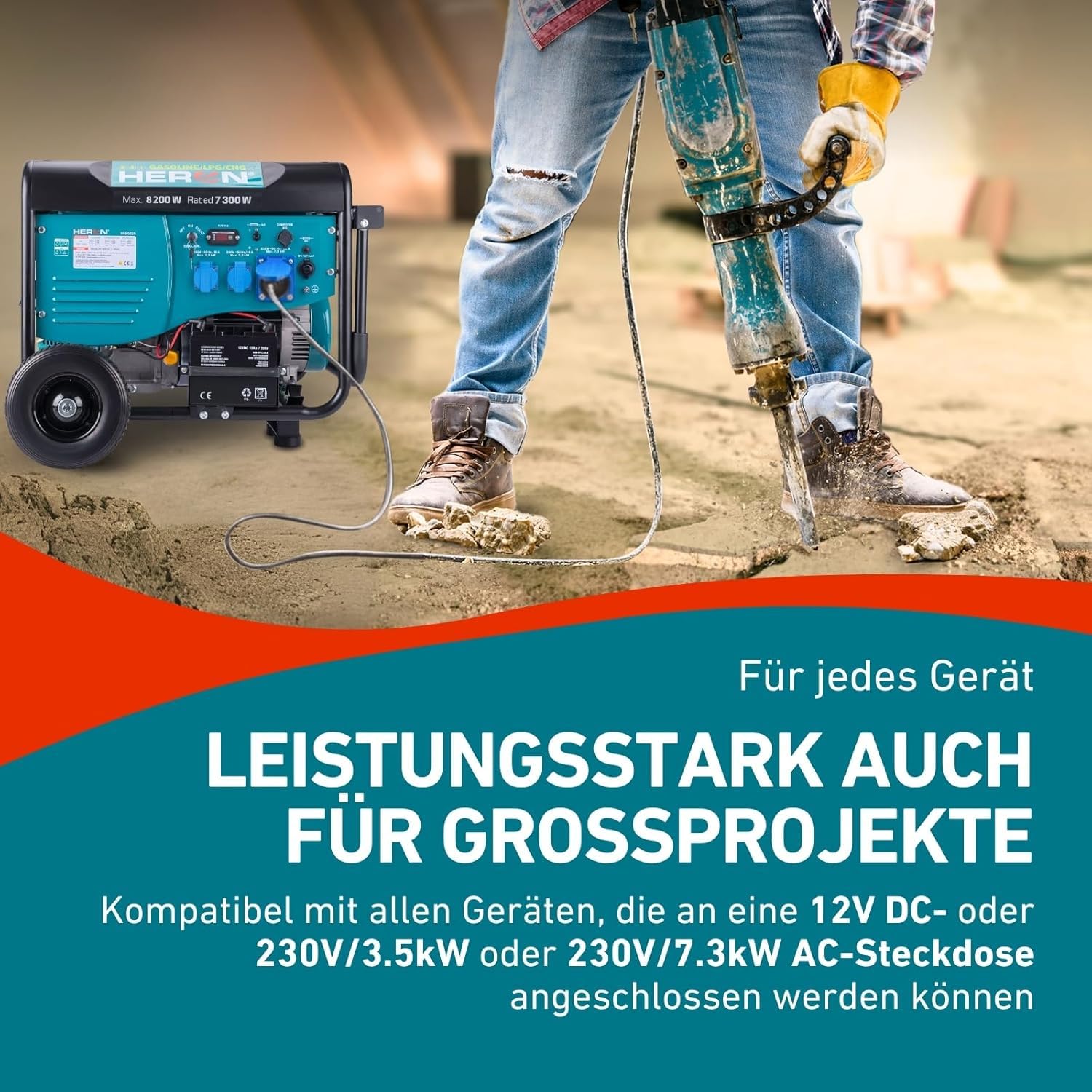 Heron Hybrid Benzin- & Gasgenerator (LPG/NG) und Notstromaggregat, 8,2 kW, mit 25L Tank, Elektrostarter, zwei 16A 230V & einer 32A 230V-Steckdose, mit AVR & ATS-Umschaltbox