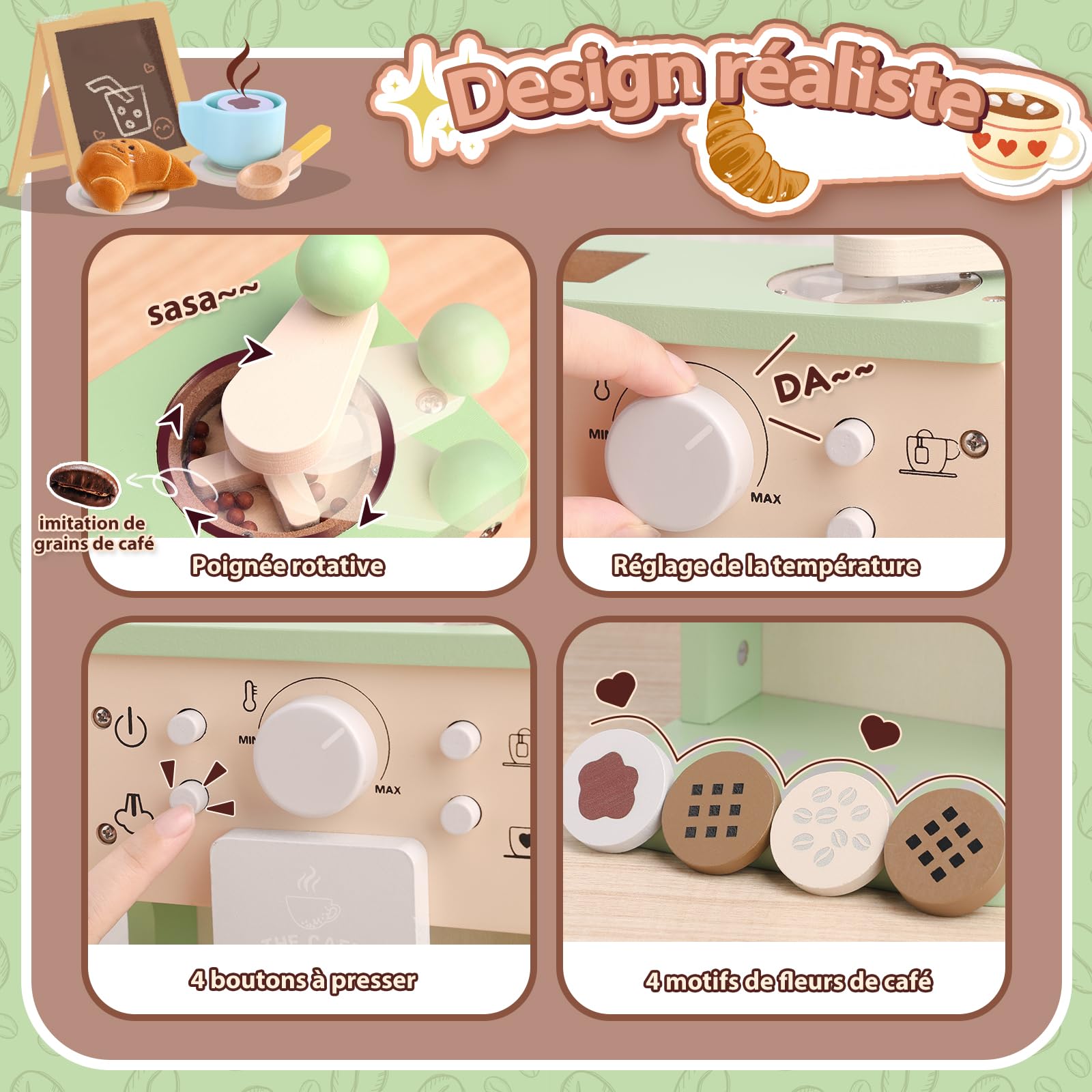 VBACALA Cafetière en Bois pour Enfants avec Son et Boutons,Cuisine en Bois pour Enfants avec Tissu Gâteau et Croissant,Jouets Educatifs Jeux de Rôle Montessori,Jeux de Cuisine,Cadeaux pour Garçons et