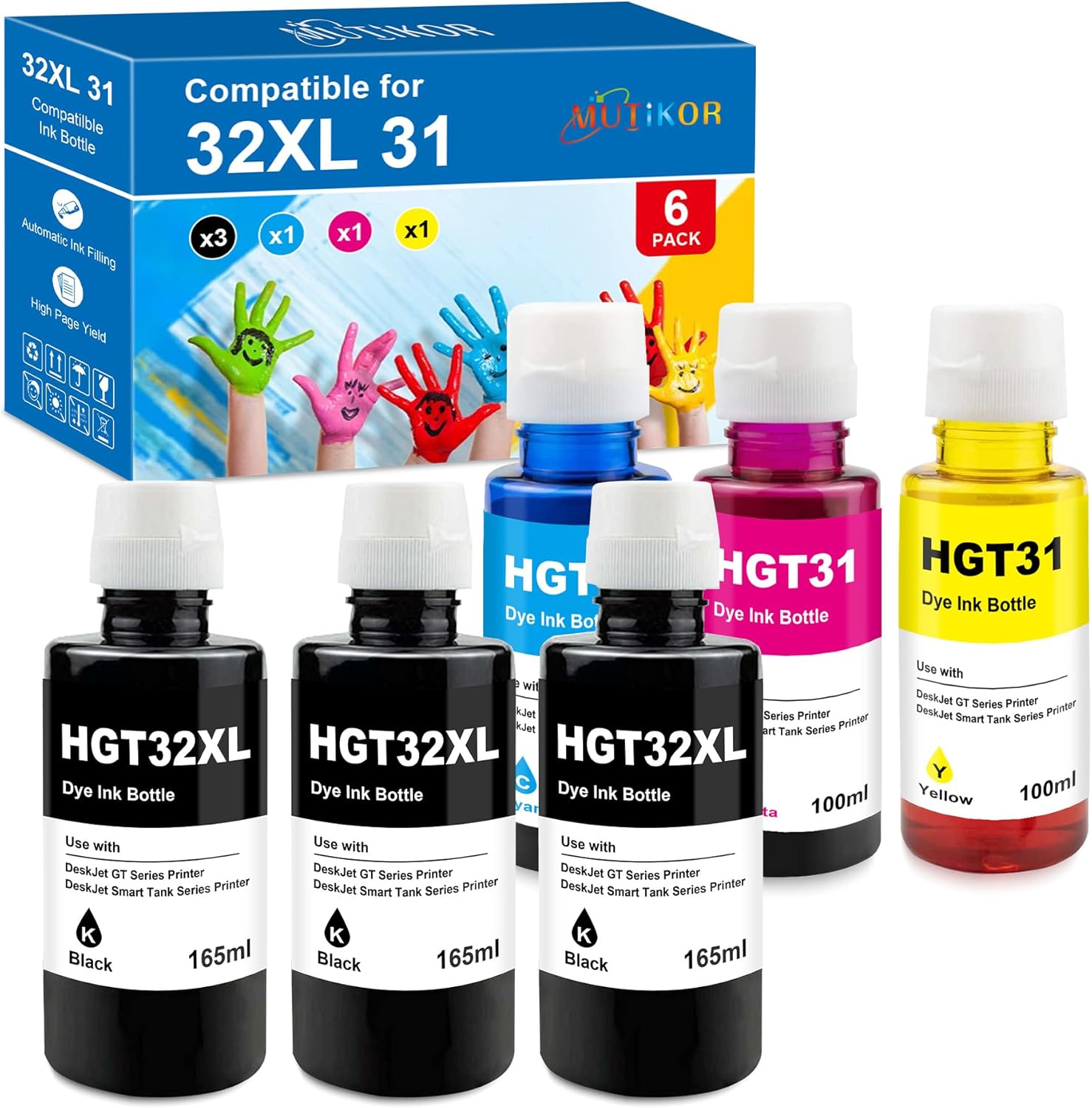 Compatible Replacement for Hp 31 32XL Ink Bottle Set for Smart Tank Plus 551 555 651 655, 7301 7602 7001 6001 5101 HP Printers Ink 31 and 32XL(3Black, 3Color)