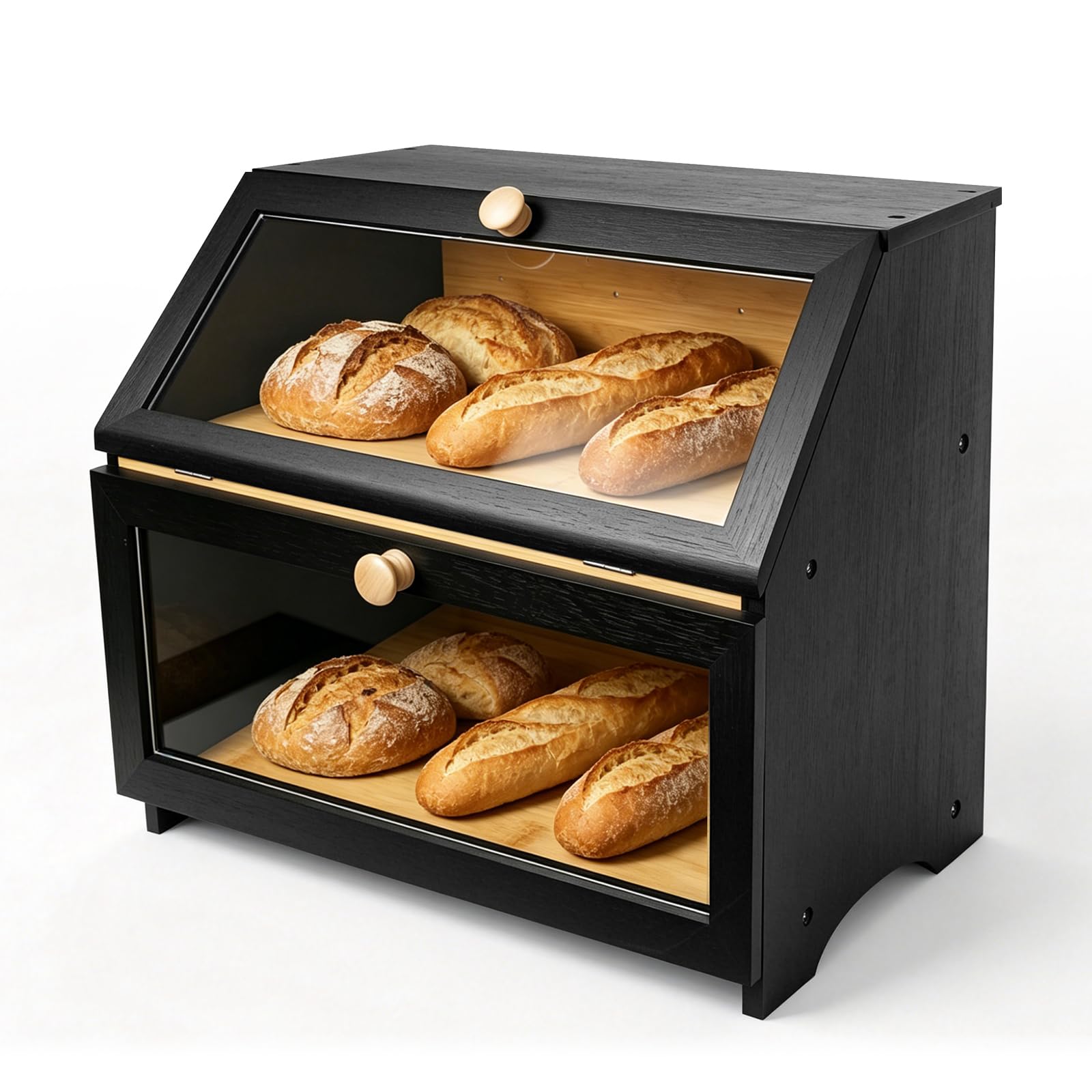 Vlihapy Double Bamboo Bread Bin 2-Layer Compact Bread Box, Kitchen Corner Storage Box with Viewing Window, Magnetic Lock, Handle, High-Foot Bottom, Safety Hinge, Wooden Bread Bins for Keep Food Fresh