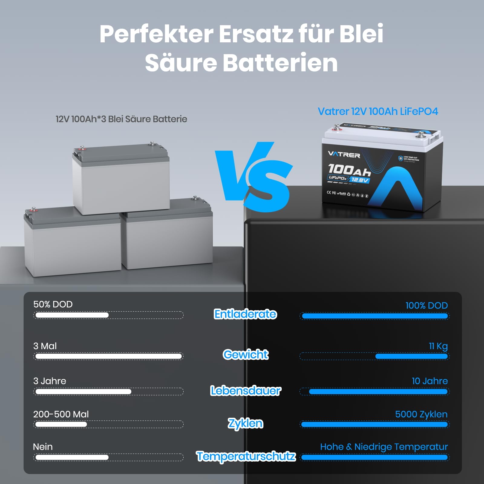 12V 100Ah LiFePO4 Akku mit Niedrigtemperatur-Abschaltung & 100A BMS, 5000+ Zyklen, 1280W für Wohnmobil, Camping, Boot & Solar-Heimanlagen