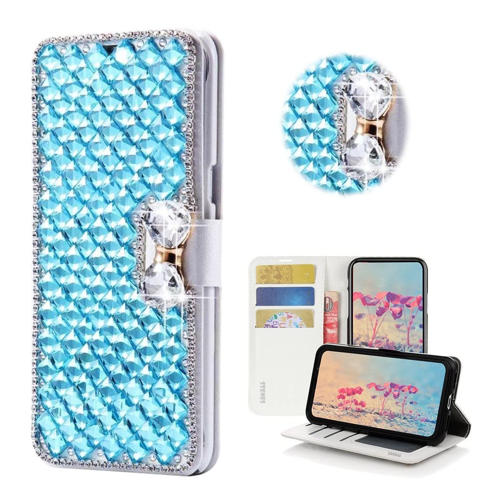 STENES Bling Wallet Phone Case Compatible with Moto Edge 2024 Case - Stylish - 3D Handmade Square Lattice Bowknot Magnetic Wallet Stand Girls Women Leather Cover - Light Blue
