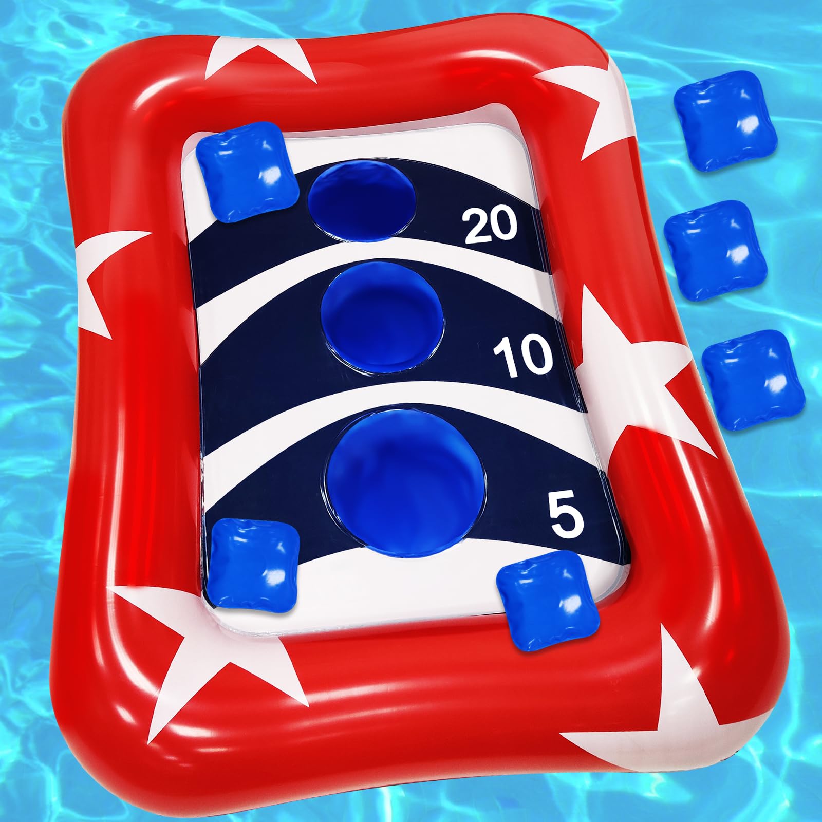 American Flag Pool Toys, 36" Inflatable Cornhole Set Ring Toss Games for Kids Adults with Red White and Blue Stars for Summer Pool Party Supplies Luau Hawaiian Beach Toy