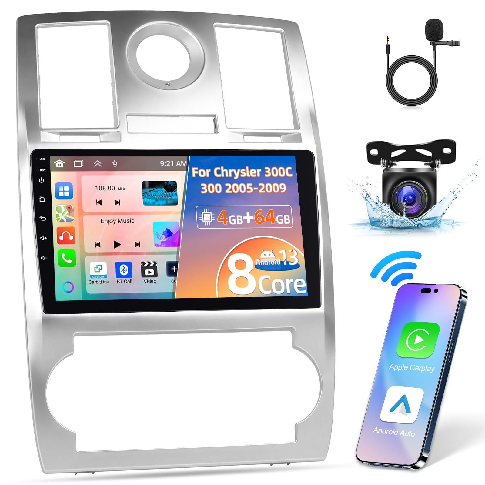 8 núcleos 4 + 64G Androd Car Stereo para Chrysler 300C 300 2005-2009 - Radio con Pantalla táctil de 9 Pulgadas con Carplay y Android Auto - WiFi GPS SWC DSP + Cámara de Seguridad y micrófono