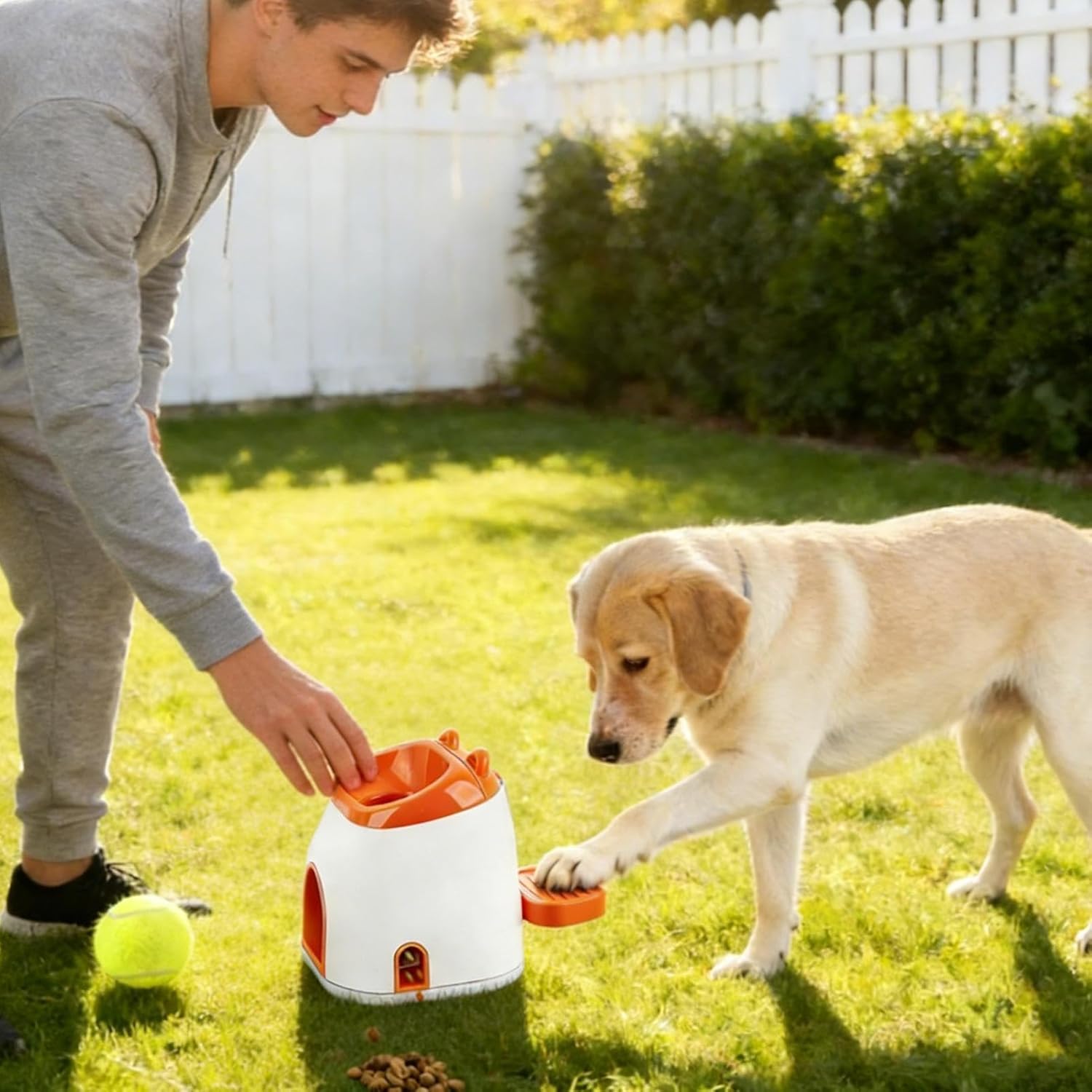 Automatic Dog Ball Thrower, Interactive Fetch Toy, Pet Exercise with Treat Feature, Adjustable Ball Machine for Apartment Living Room Home Outdoor Park Backyard Fun