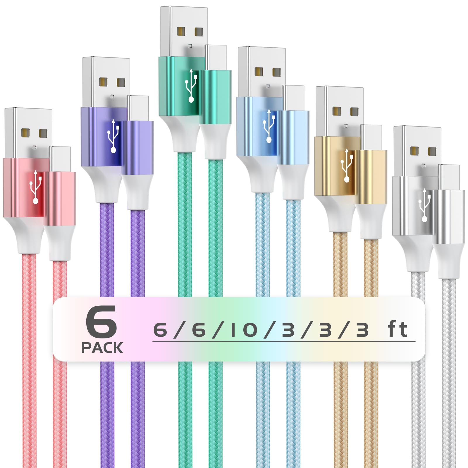 USB to USB C Cable, 6Pack(3/6/10ft) Type C Charger Fast Charging Cord 3.1A Colourful Nylon Braided Android Charger USB C Cable for iPhone15/16 Pro Max