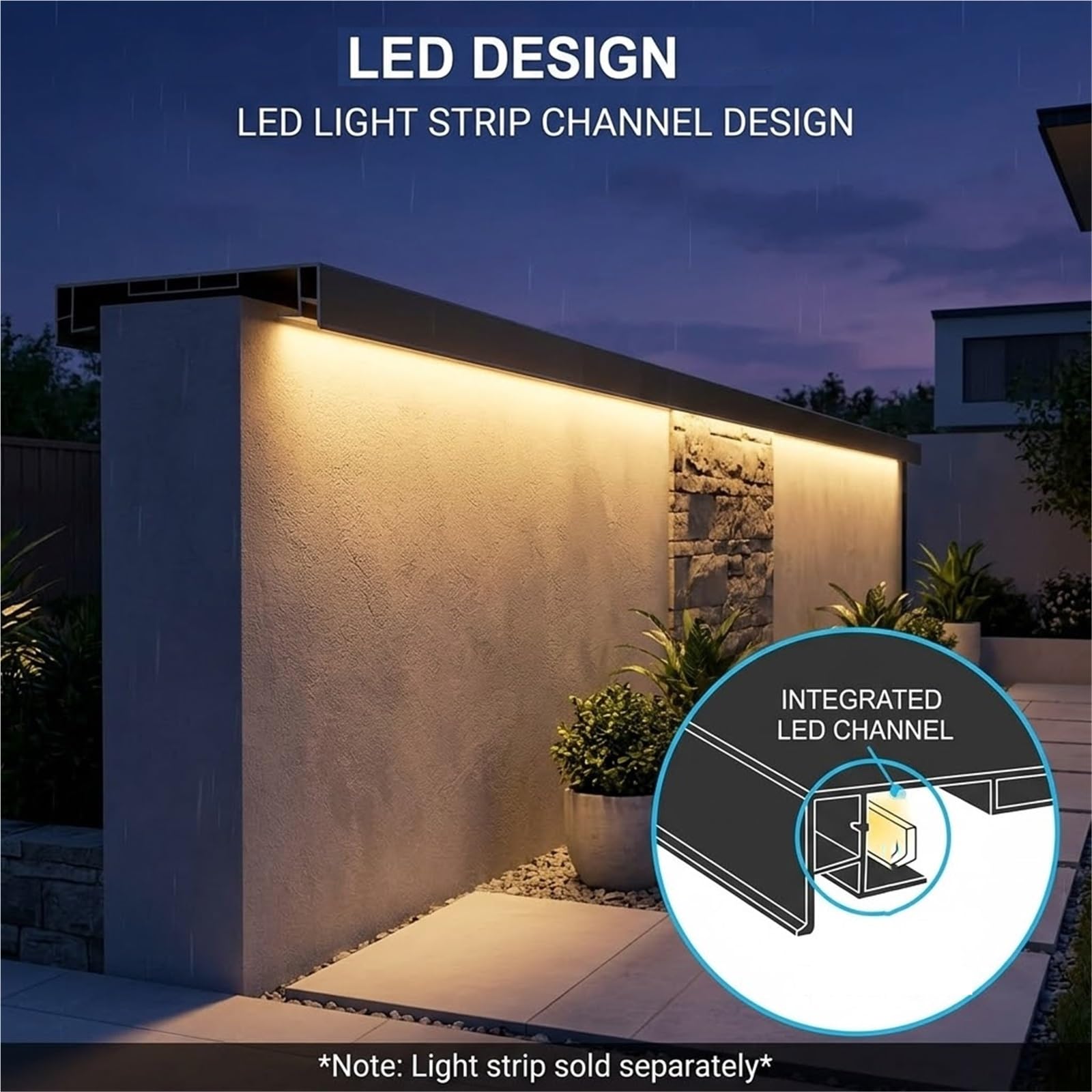 Cubremuros Vierteaguas para Muro Contención | Canal LED integrado, para muros de 13-30cm, montaje con tornillo oculto, borde antigoteo, kit incluido.