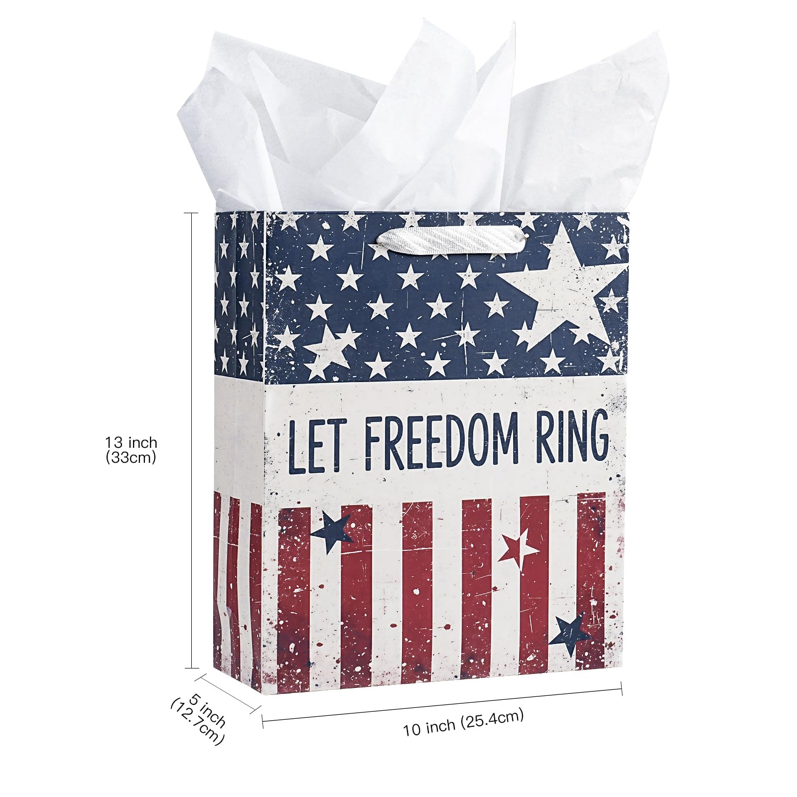 LeZakaa 13" Patriotic Gift Bag with Tissue Paper, Let Freedom Ring American Flag Gift Bag for 4th of July Independence Day Party Gifts, Memorial Day, 13" x 10" x 5", 1 Pc