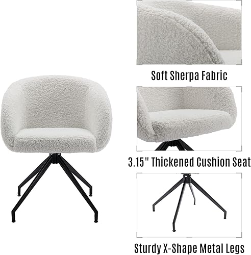 Miniatura 4 de LukeAlon Juego de 2 sillas giratorias de sherpa, sillas de comedor tapizadas con patas de metal negro, sillones modernos con respaldo de barril para