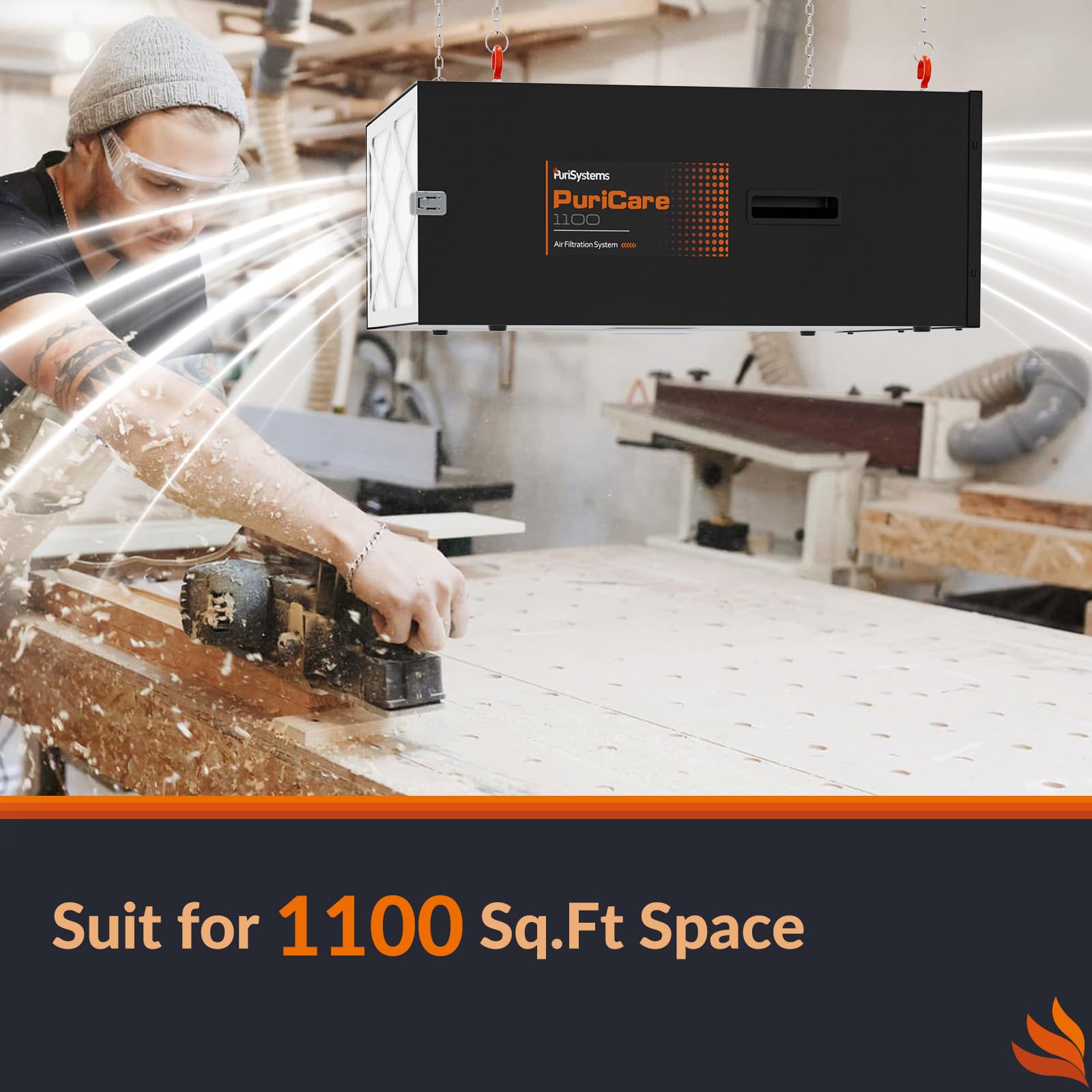 Purisystems PuriCare 1100IG - Sistema di filtrazione dell'aria, telecomando a 3 velocità, ionizzatore integrato, filtro dell'aria sospeso PuriCare 1100IG con telecomando RF per lavorazione del legno,
