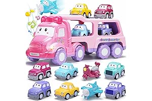 Cartoon Vehicle Toy for Toddler Girl, 9-in-1 Pink Carrier Truck Toy