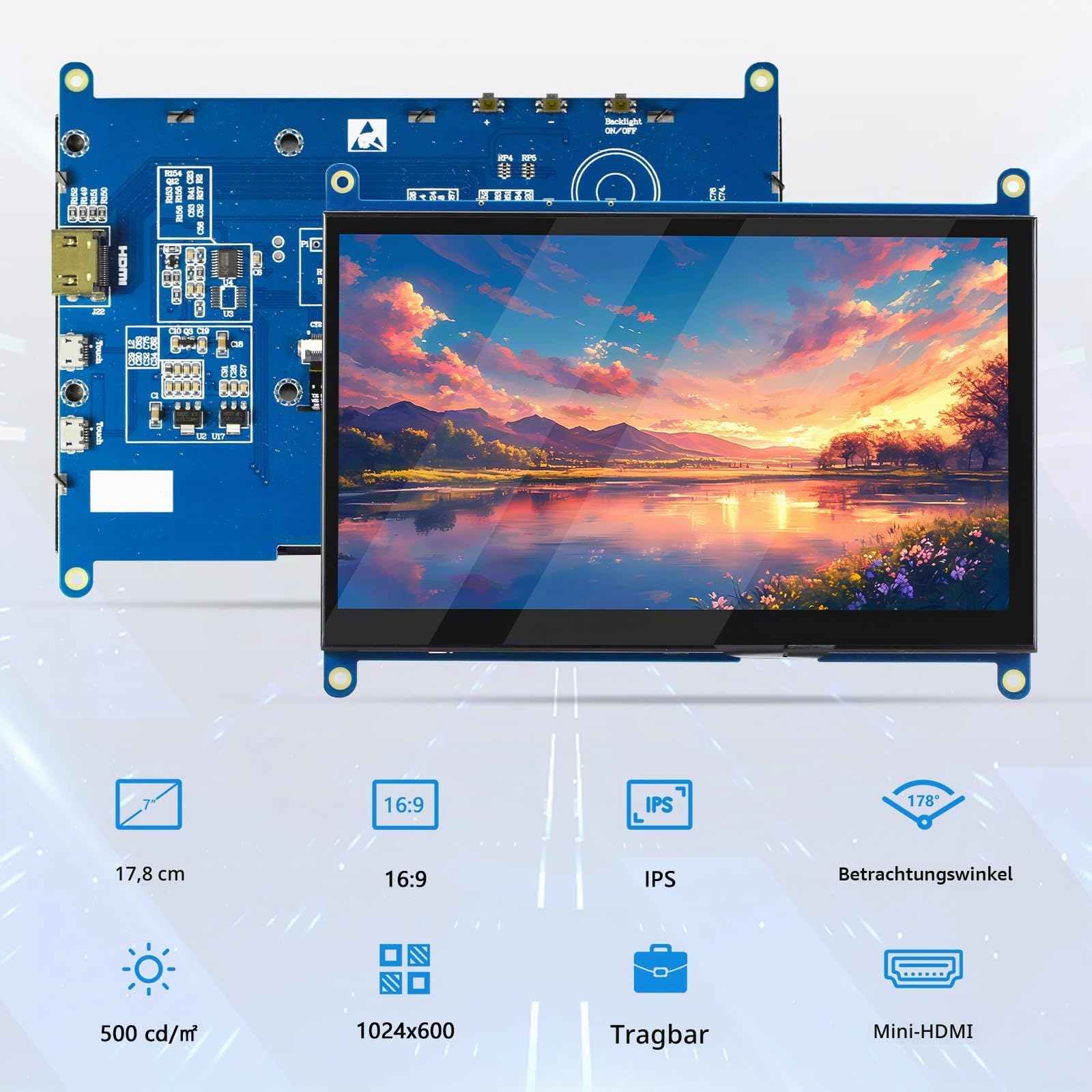 7 Zoll Mini Monitor HDMI, Tragbarer IPS-Monitor, 1024×600 LCD-Bildschirm, 178° Betrachtungswinkel, Kleines Display für Raspberry Pi, Laptop/PC/TV/DVD/CVBS (Ohne Touchscreen)
