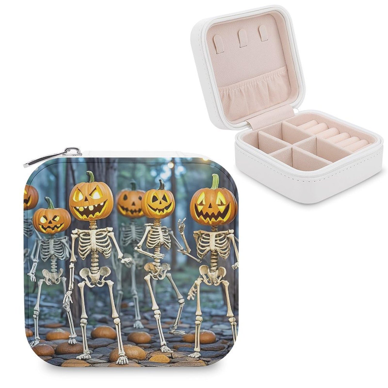LZQPOEAS Pumpkin Skeleton Dancing Jewelry Box Mini Jewelry Travel Case Trendy Stuff Ring Box Custom PU Leather Jewelry Boxes Portable Jewelry Case Earring Storage Organizer for Girls Women