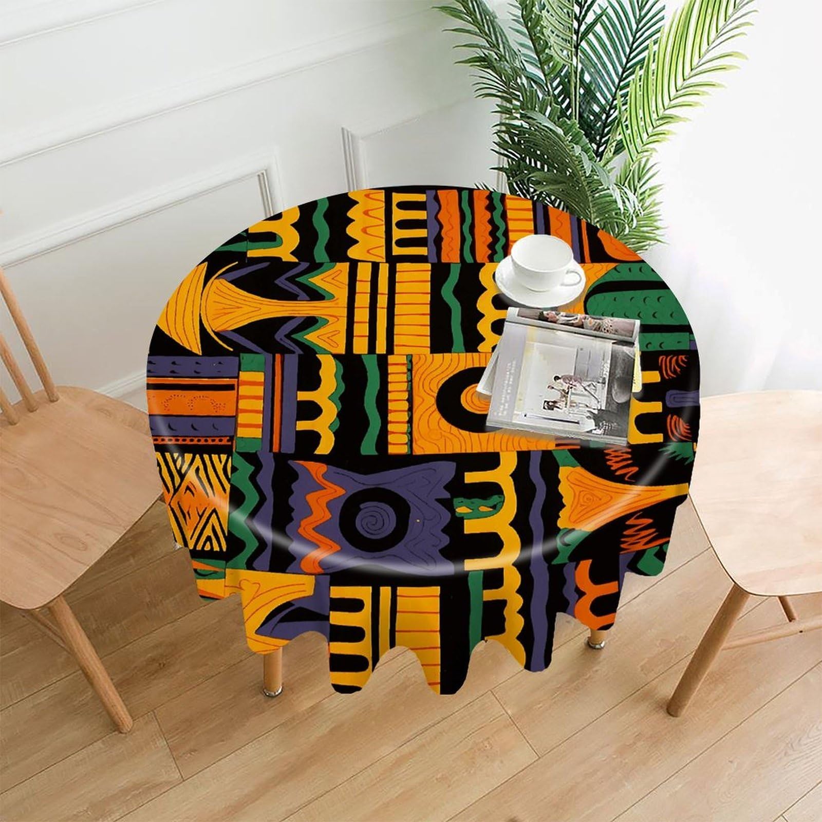 VstaDank African Ethnic Pattern Tablecloth Easy to Clean Polyester Round Table Cover Washable Round Table Cloth Wrinkle-Free Circle Decoration Tablecloth for Kitchen Dining Room 60"