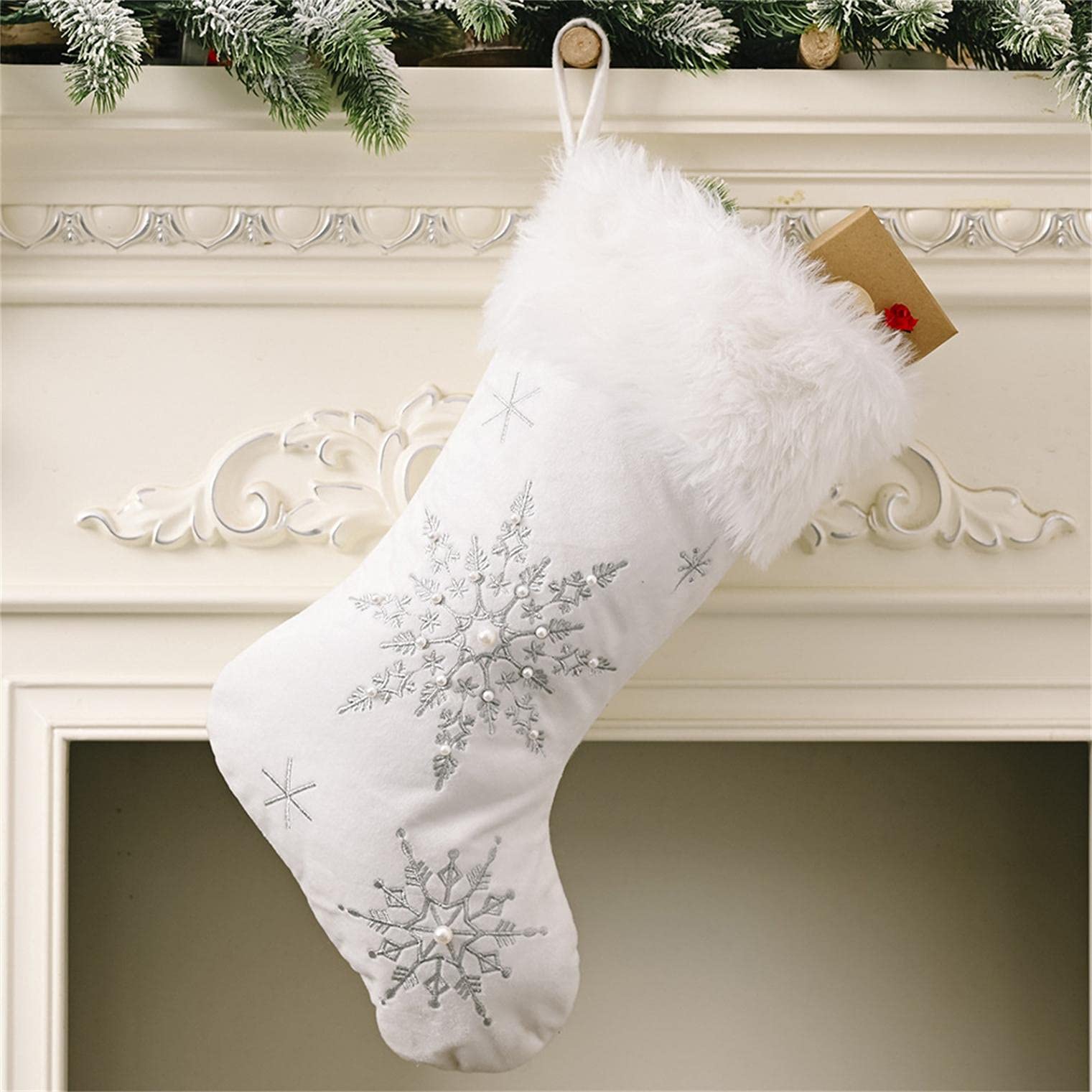 YE&ZI White Christmas Stocking, 20 Inch Large Snowflake Xmas Stocking, Christmas Party Decorations Holiday Home Decor Christmas Tree Ornaments (Silver Snowflake)