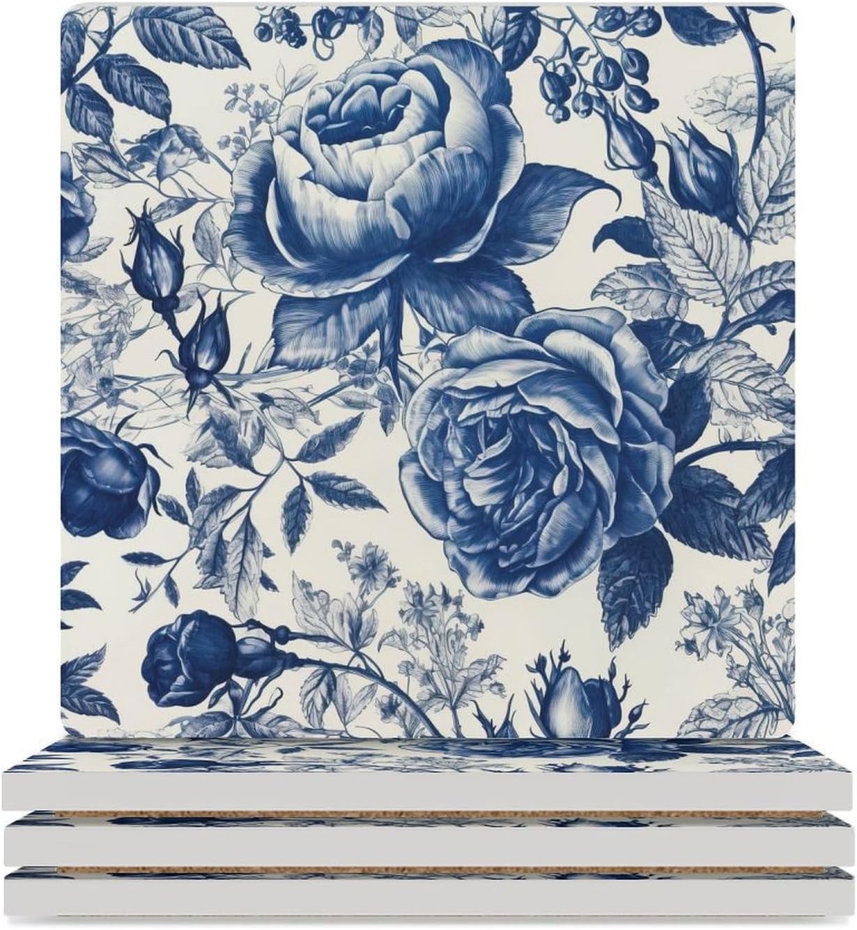 Blue and White Floral Square Absorbent Coaster Set of 6,Ceramic Cups Place Mats with Base for Home Table Coasters Cup Mat for Drinks, Bar, Kitchen Decoration