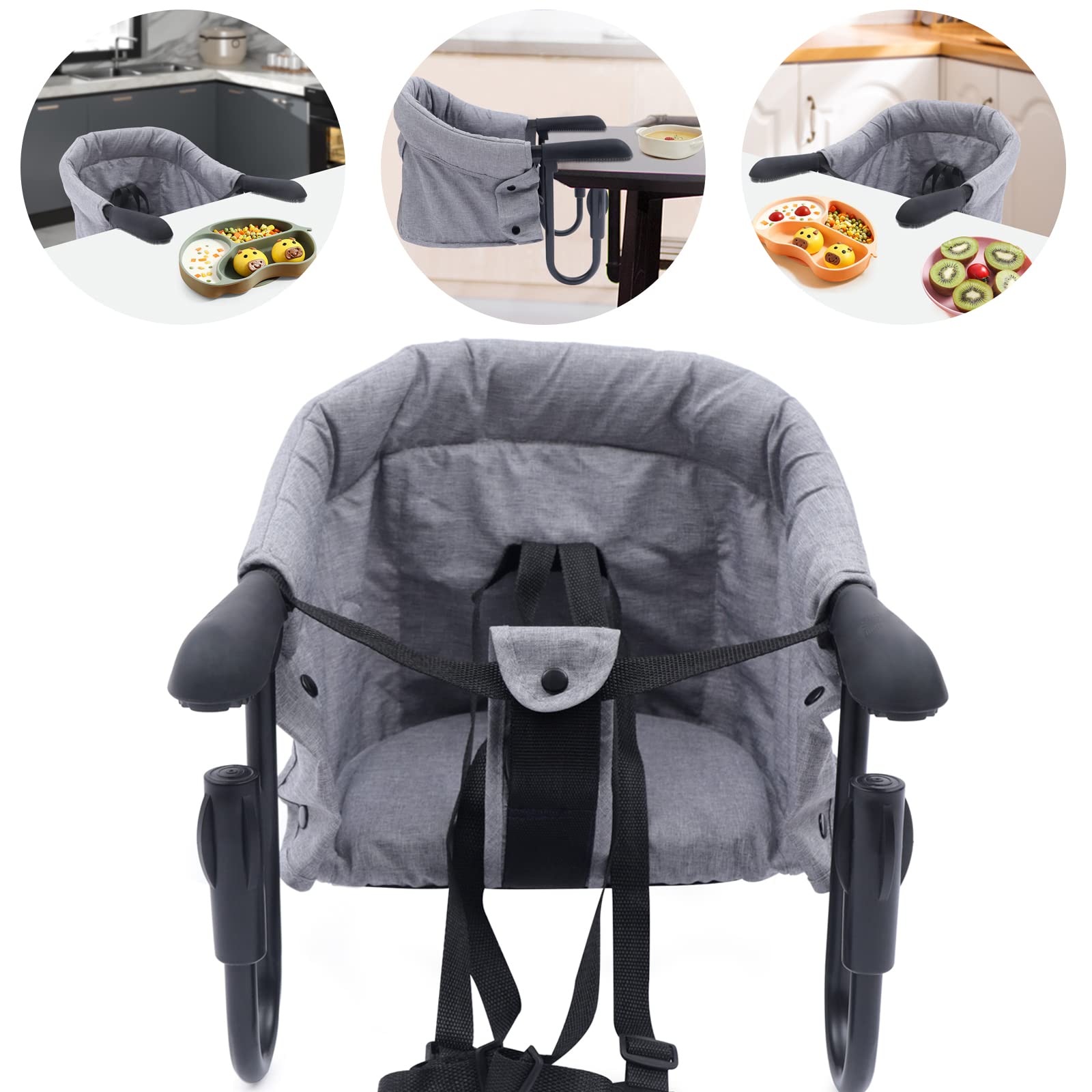 asiento mesa bebé suplemento plegable con pinzas antideslizantes y bolsillo, silla de seguridad para bebé cómodo (gris)