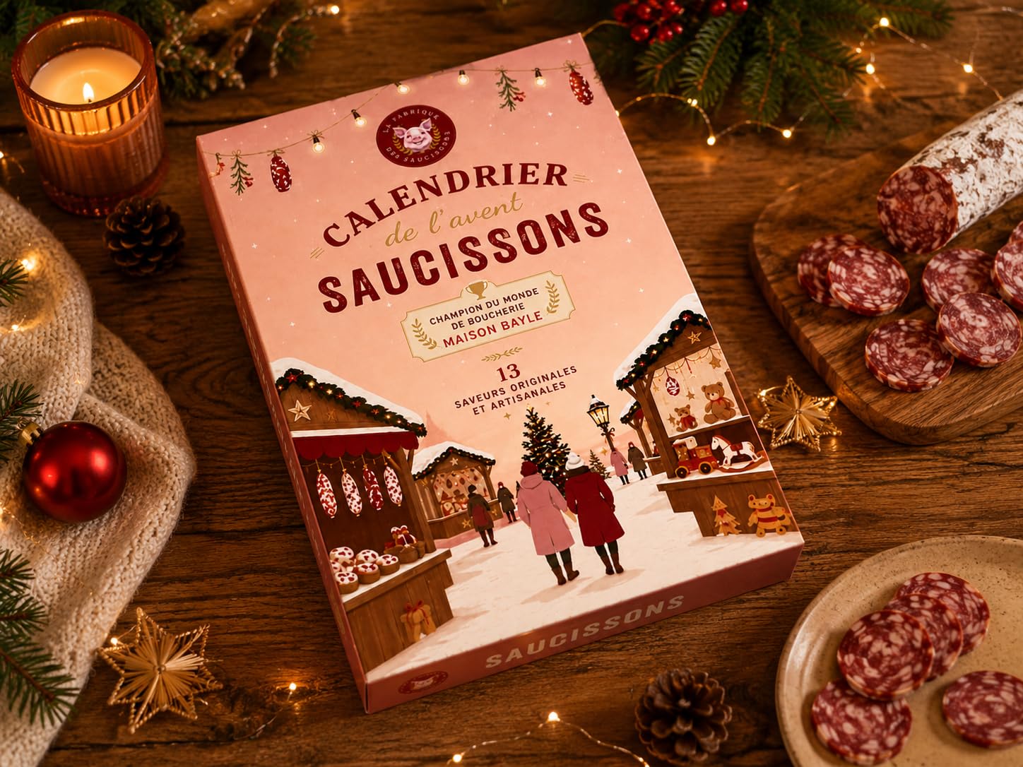 Ici Présent - Calendrier de l'Avent 2026 Coffret Gourmand Saucisson | 25 Mini-Saucissons Artisanaux | 12 Saveurs Originales | 100% Porc Français | Charcuterie Noël | Édition Limitée