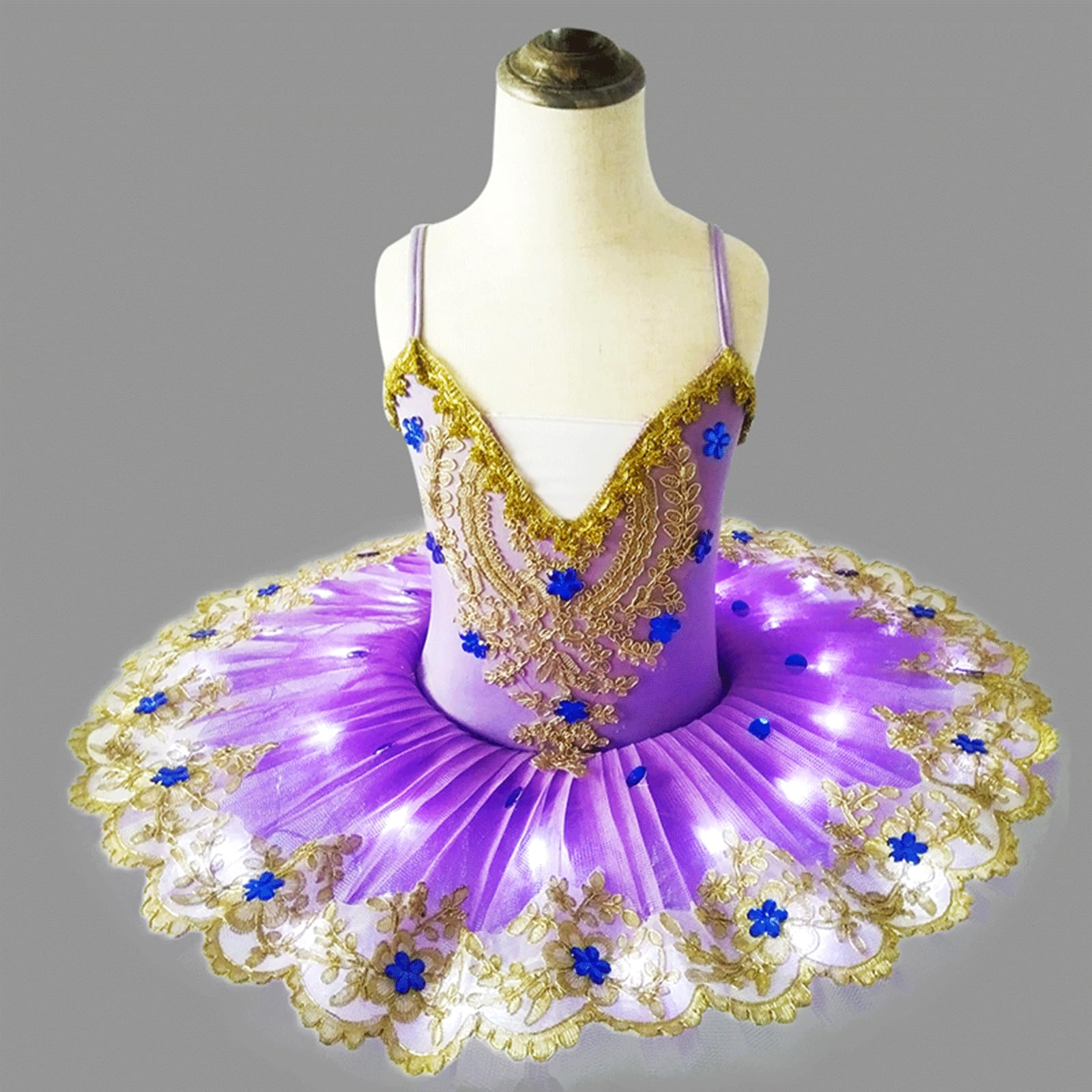 FGRID Vestido de Ballet Profesional para niñas con Lago de Cisne, Leotardo LED, tutú de Bailarina, Camisola Encaje con Lentejuelas, Disfraz de Baile de Cisne con panqueque,Purple led,140