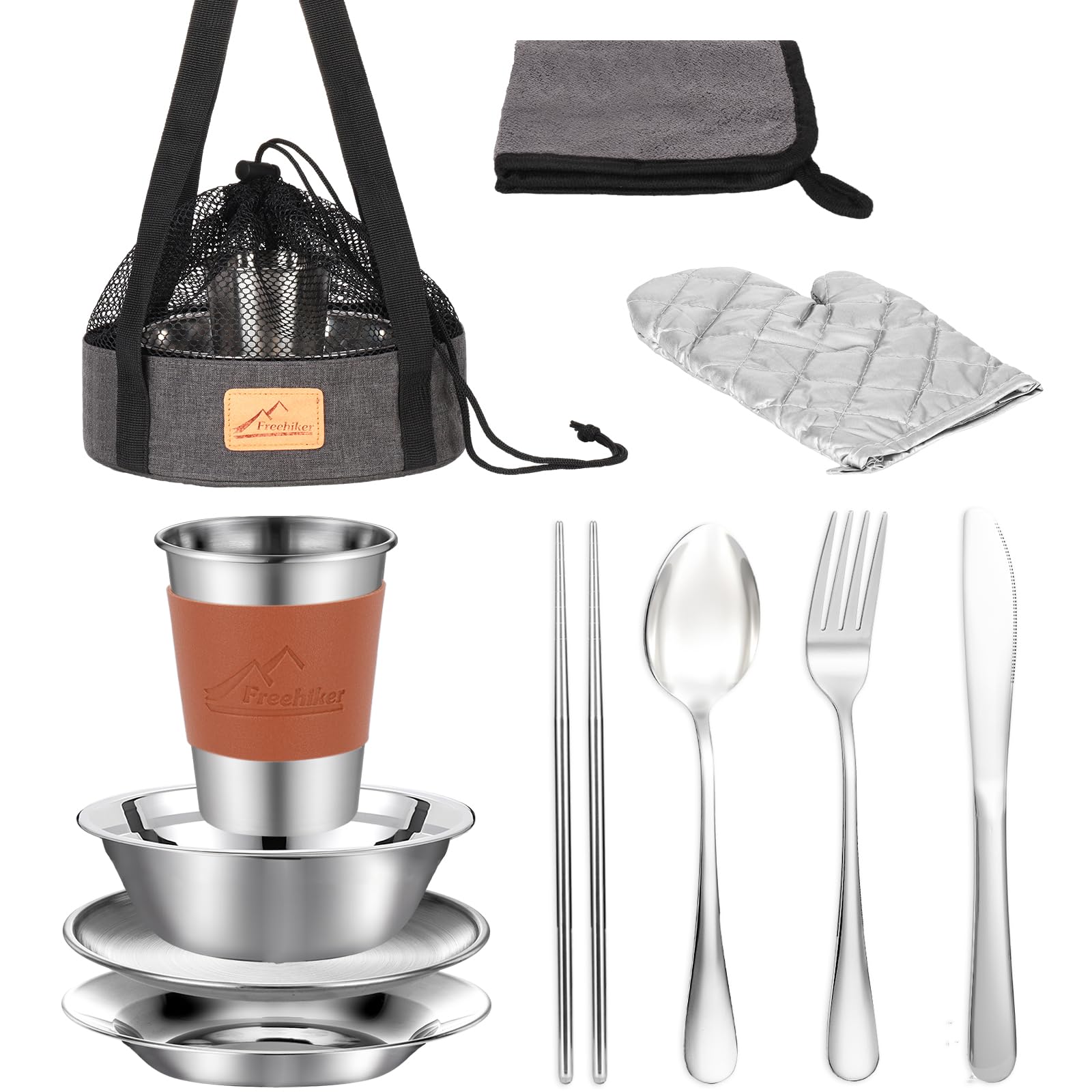 Camping Mess Kit - 1 to 2 persons Camping Dishes includes Cups, Bowls, Knives, Forks, Spoons, Camping Dinnerware Set Camping Cooking Utensils