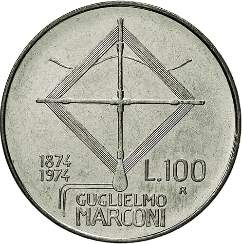 Miniatura 2 de 1974 R 100 Lire Italian Commemorative Coin. Celebrating 100th Anniversary of the Birth of Guglielmo Marconi, Inventor Of The Radio. 100 Lire Graded