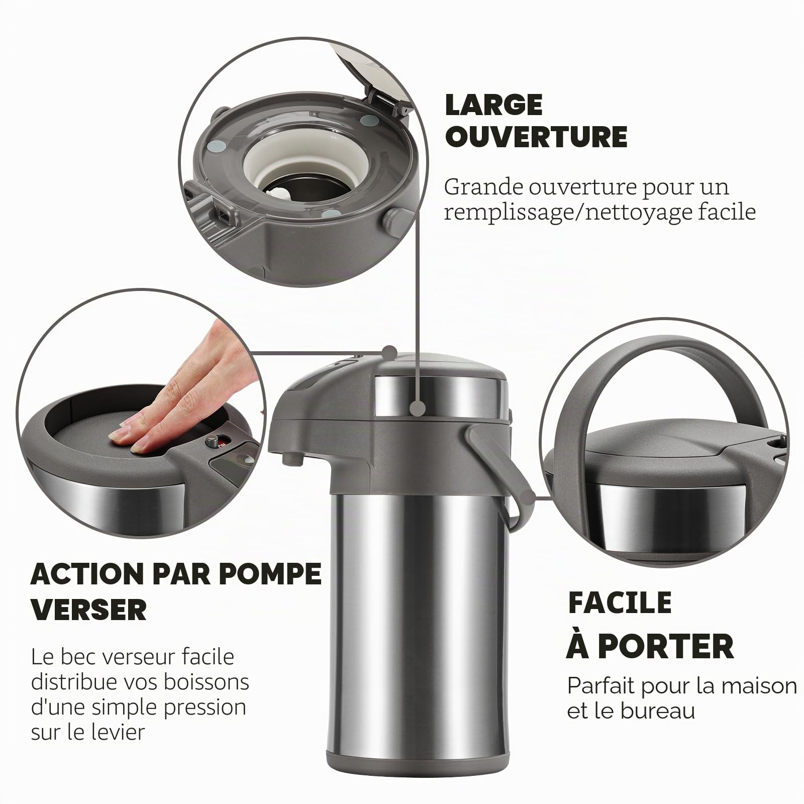 Bouteille à Pompe 3 L en Acier Inoxydable - Distributeur de Boissons Chaudes et Urne à Café - Idéale pour Café et Thé