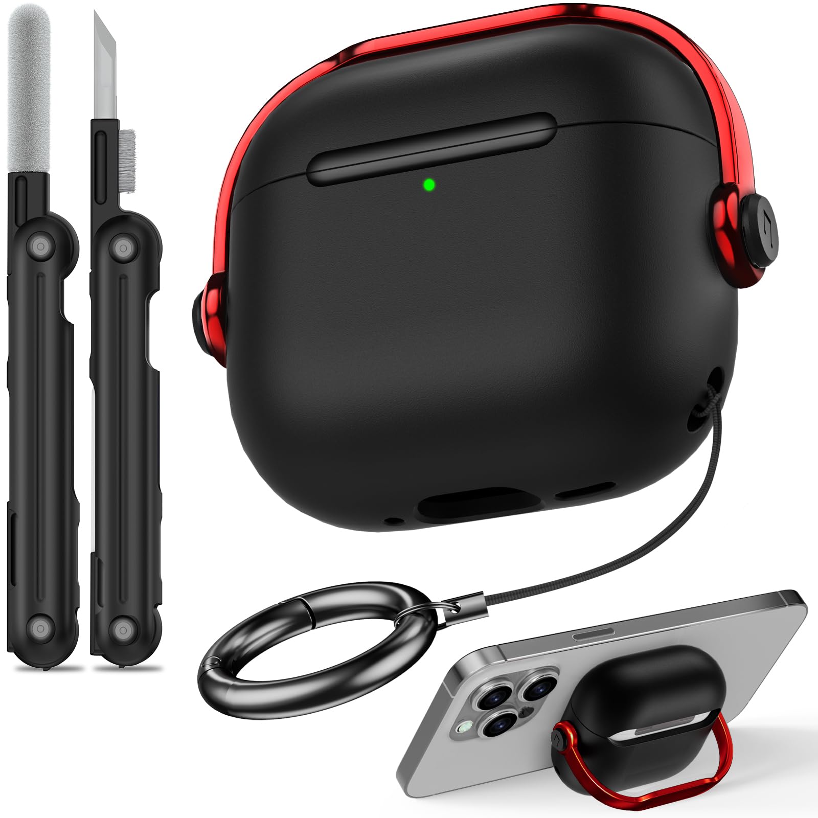 Wowwat for Airpods 4 Case,Compatible with Apple Airpods 4th Generation Case with Drop Protection Lock and Phone Holder Function,with Cleaner Kit and Keychain,for Men and Woman(Black Red)