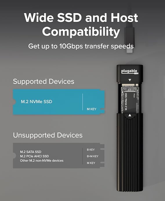 Plugable M.2 NVMe SSD Enclosure; Tool-Free & Driverless, USB 3 Type-C, Including Thunderbolt and USB4, at 10Gbps. for M.2 NVMe SSDs 2230 to 2280 PCIe Gen 3 and 4. USB Cables Included
