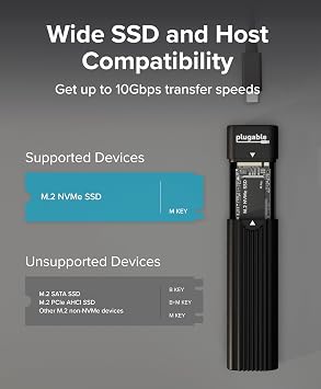 Plugable M.2 NVMe SSD Enclosure; Tool-Free & Driverless, USB 3 Type-C, Including Thunderbolt and USB4, at 10Gbps. for M.2 NVMe SSDs 2230 to 2280 PCIe Gen 3 and 4. USB Cables Included