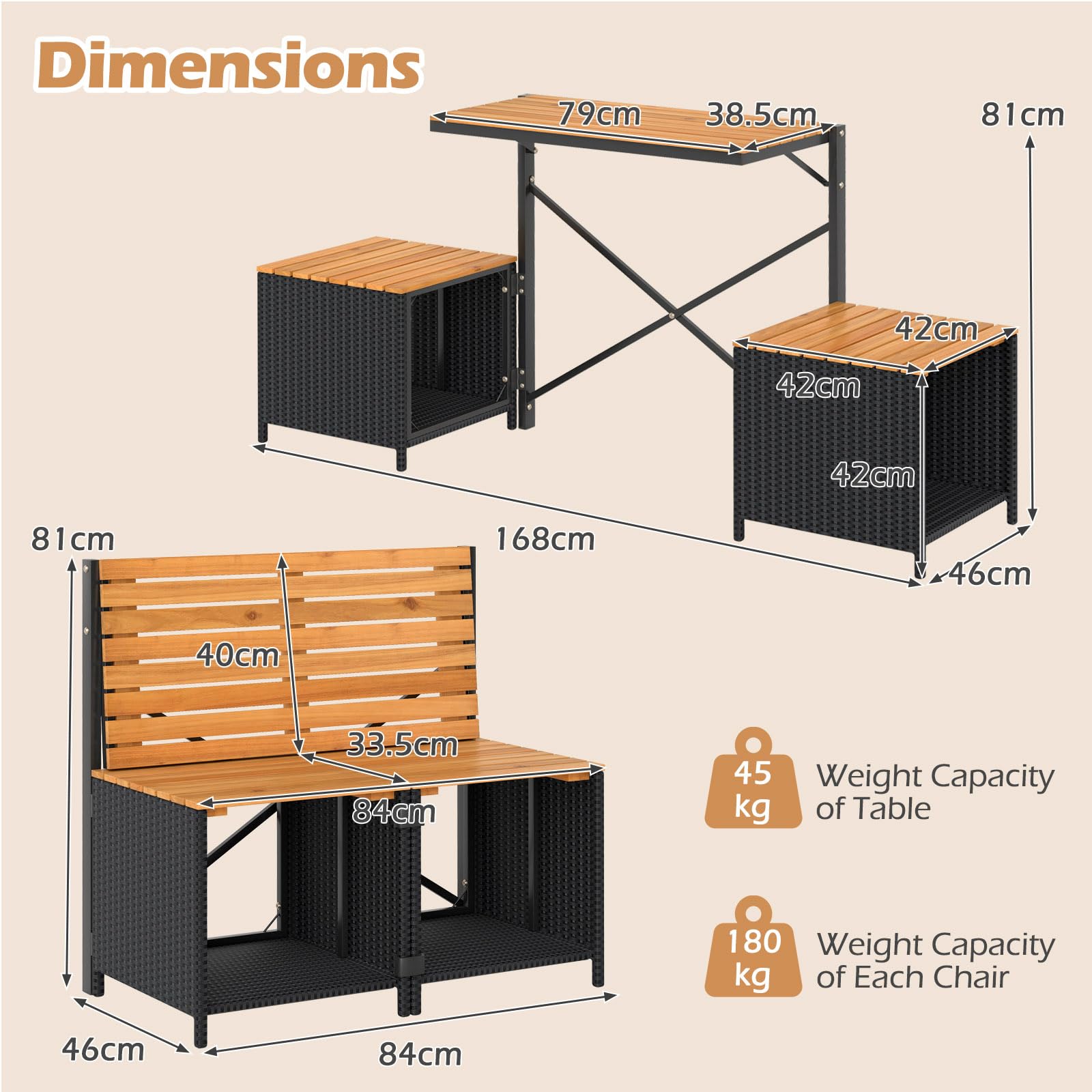LIFEZEAL Set Salotto da Giardino 2 in 1 Versatile (Nero+Naturale) | Tavolo, 2 Sedie Contenitore in Rattan e Legno di Acacia, Convertibili in Panchina, Portata 360 kg, per Terrazza, Balcone