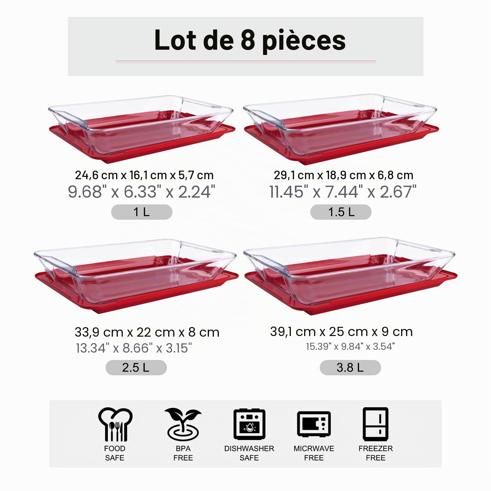 Lot de 3 Plats à Four en Verre, Plat à Lasagne Rectangulaire Plat à Rôtir Cocotte en verre trempé avec couvercle Plat à four en verre pour four, congélateur et lave-vaisselle (1L+1.5L+2.5L+3.8L)